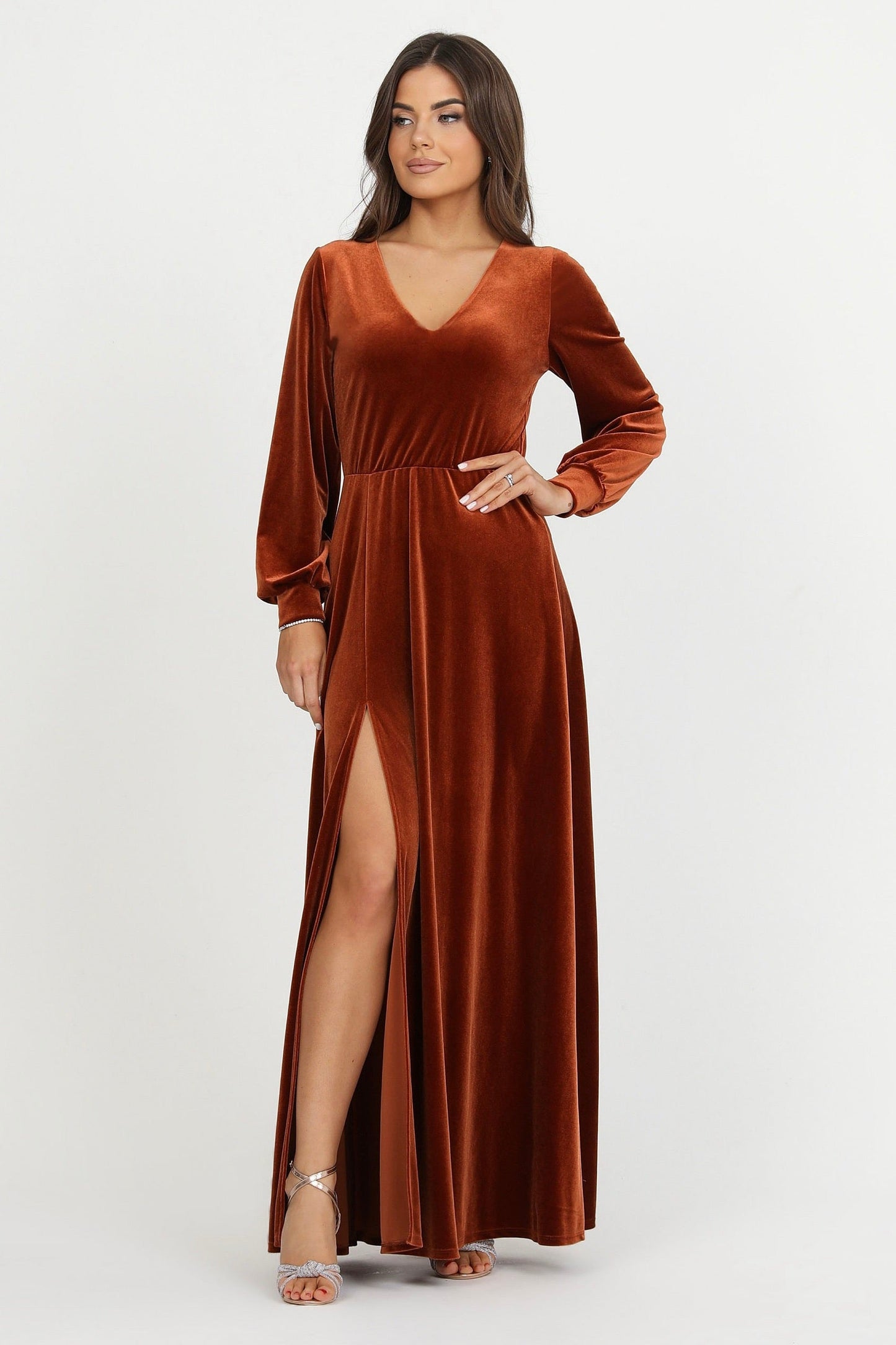 Rusty Orange Velvet Deep V Neckline Dress Bishop Sleeves