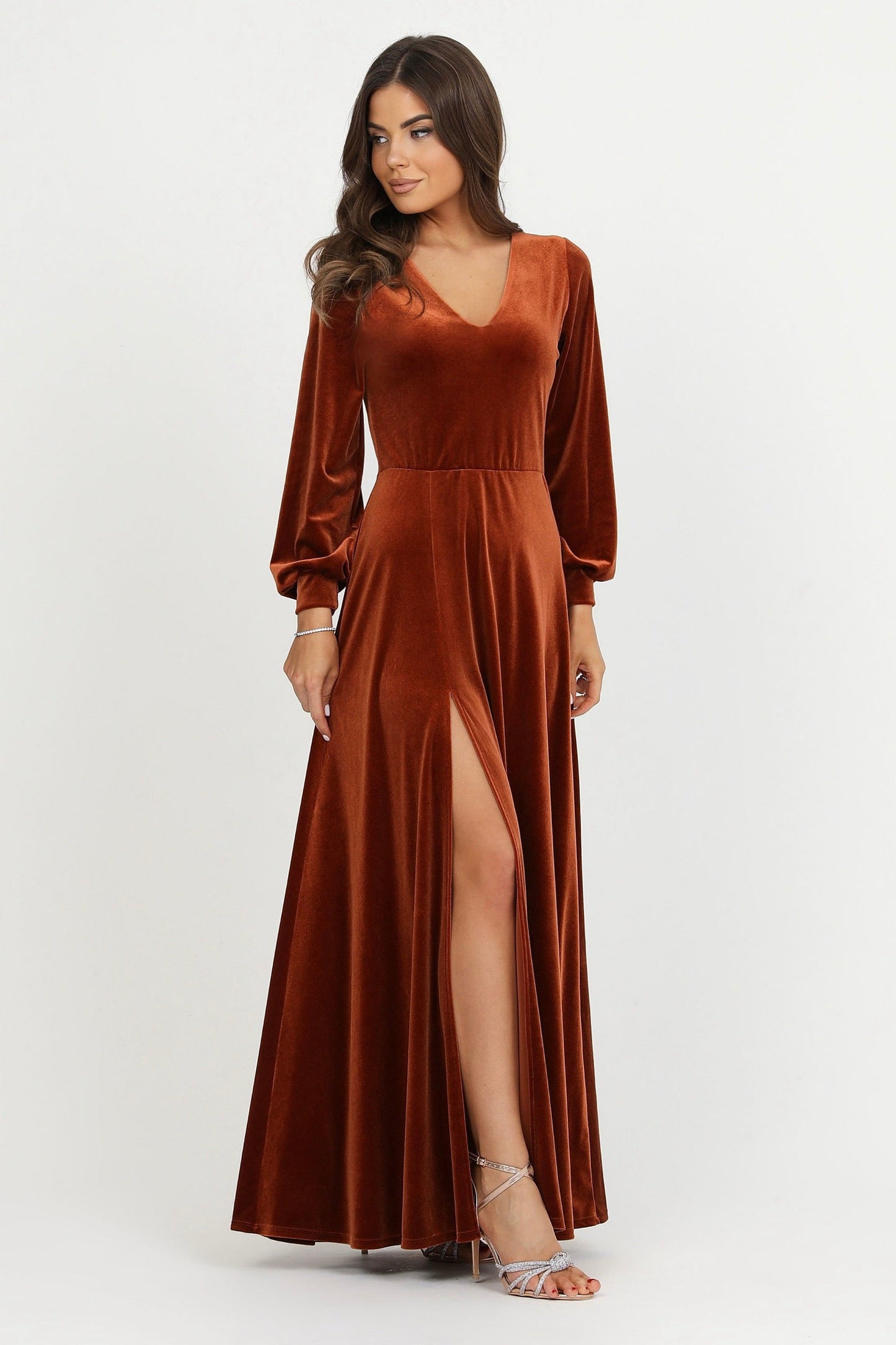 Rusty Orange Velvet Deep V Neckline Dress Bishop Sleeves