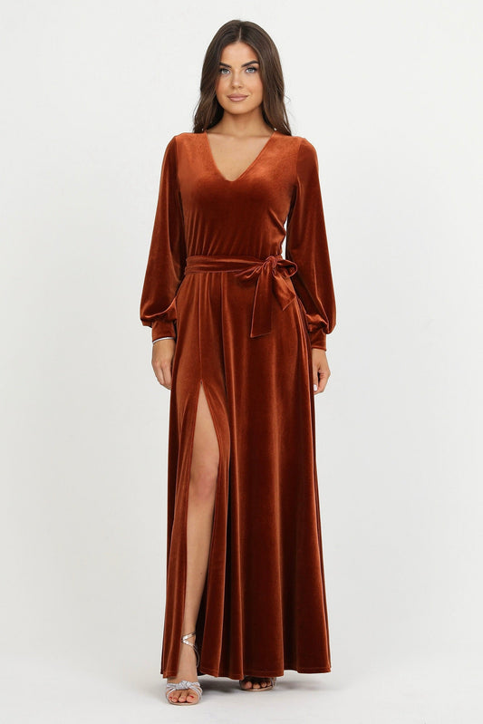 Rusty Orange Velvet Deep V Neckline Dress Bishop Sleeves