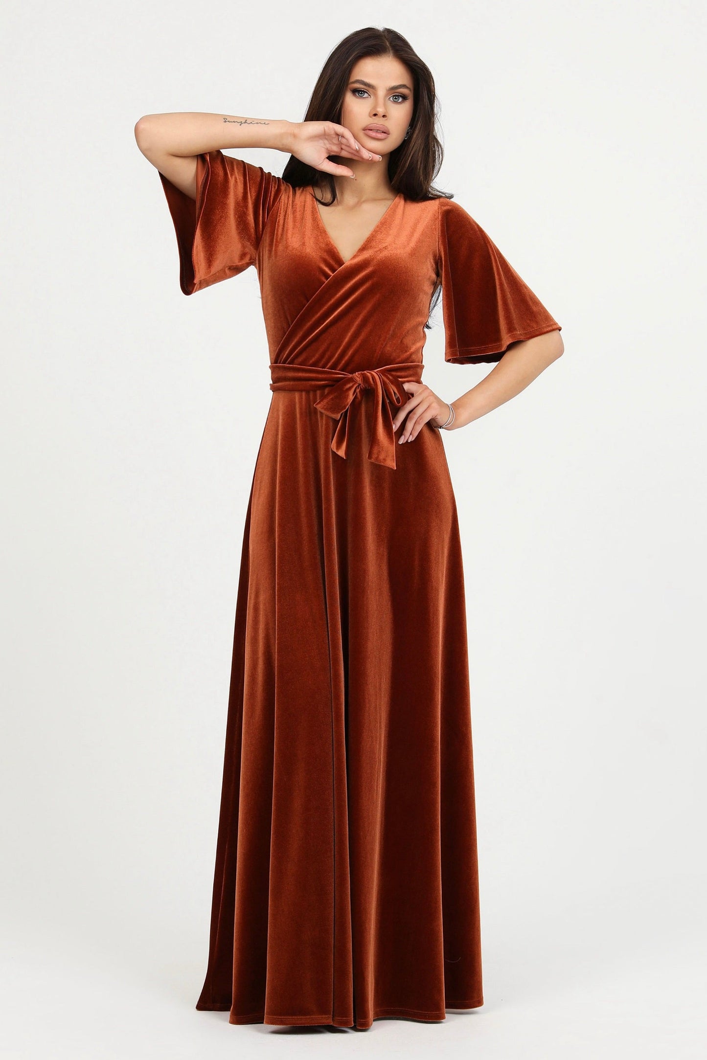 Rusty Orange Velvet Wrap V Neckline Dress Flutter Sleeves