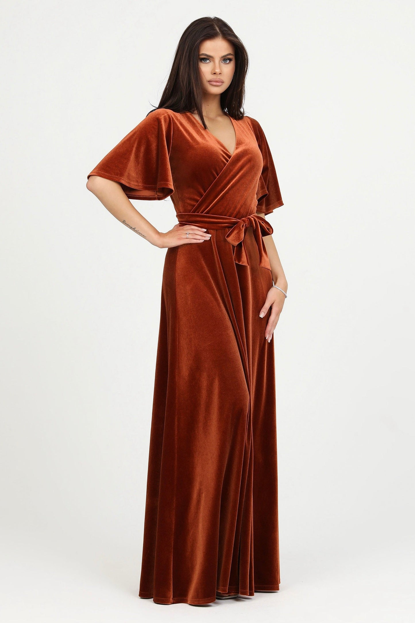 Rusty Orange Velvet Wrap V Neckline Dress Flutter Sleeves