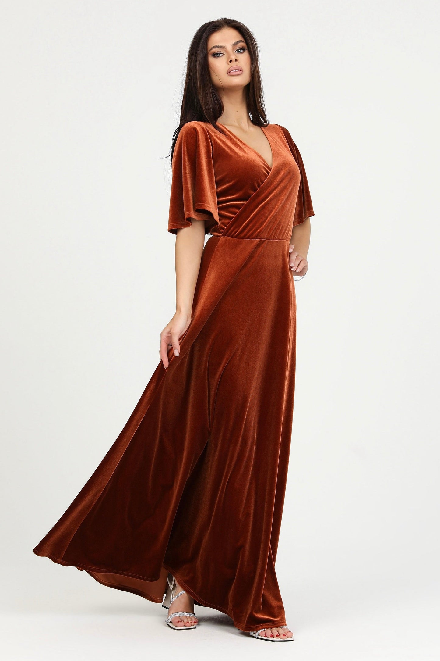 Rusty Orange Velvet Wrap V Neckline Dress Flutter Sleeves