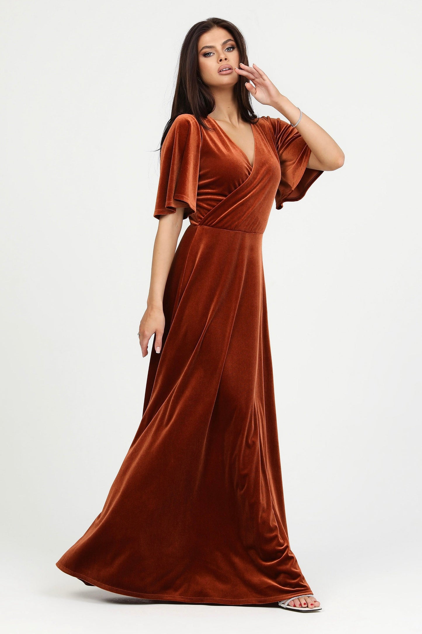 Rusty Orange Velvet Wrap V Neckline Dress Flutter Sleeves