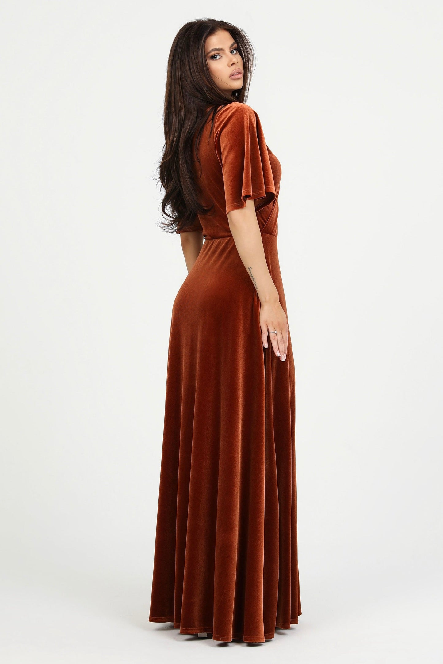 Rusty Orange Velvet Wrap V Neckline Dress Flutter Sleeves