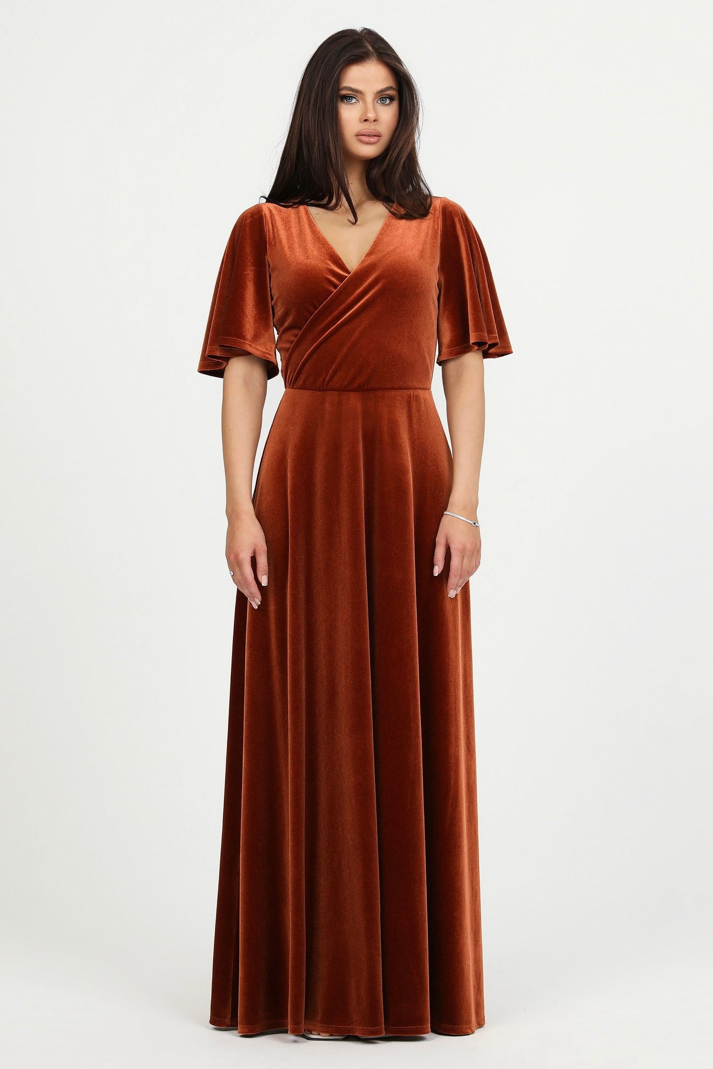 Rusty Orange Velvet Wrap V Neckline Dress Flutter Sleeves