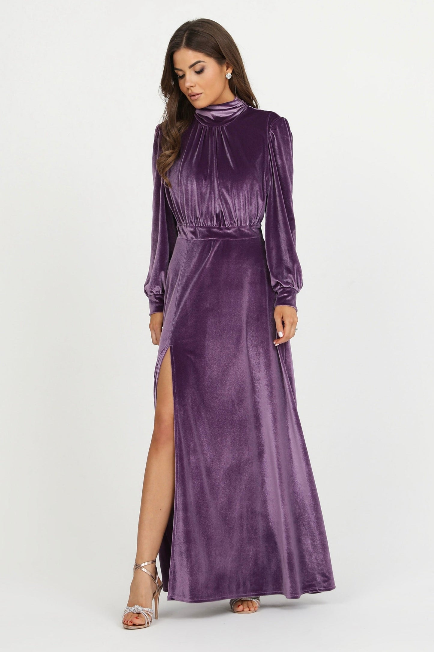 Violet Velvet Mock Neckline Dress A line Skirt