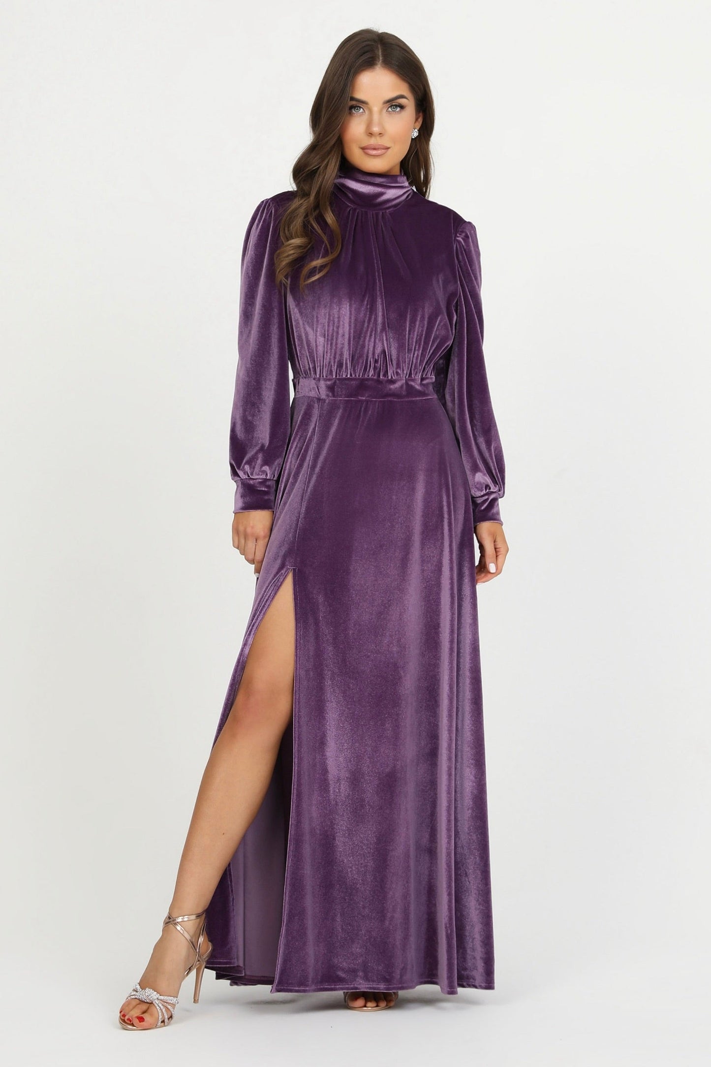 Violet Velvet Mock Neckline Dress A line Skirt