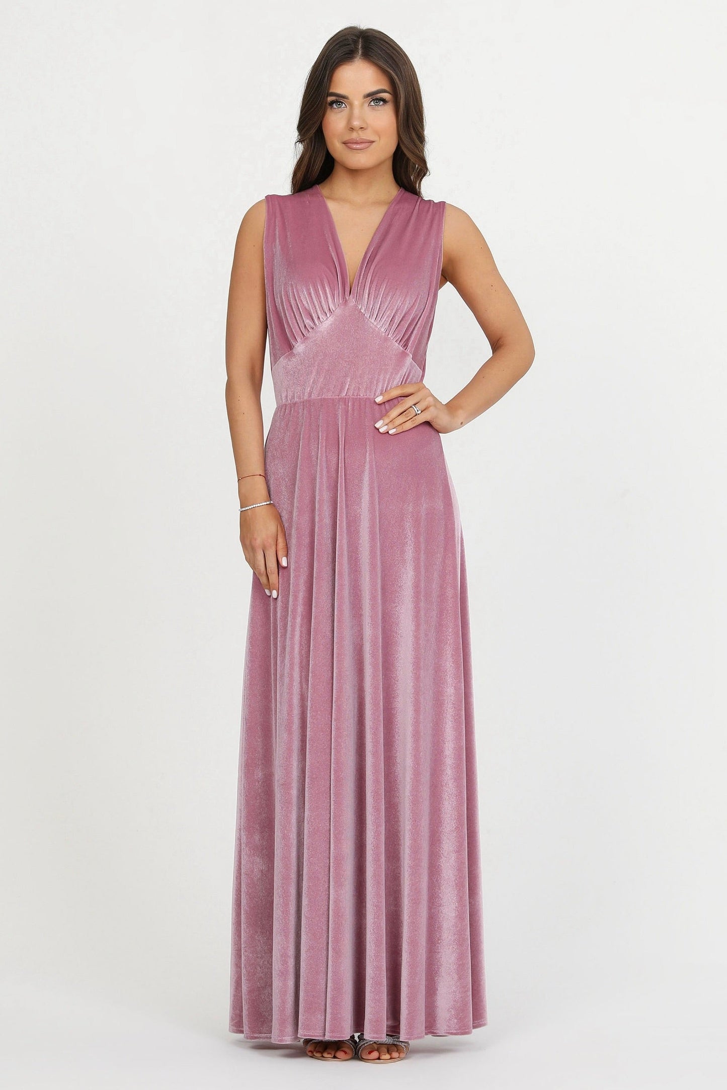 Pink Velvet Deep V Neckline Dress