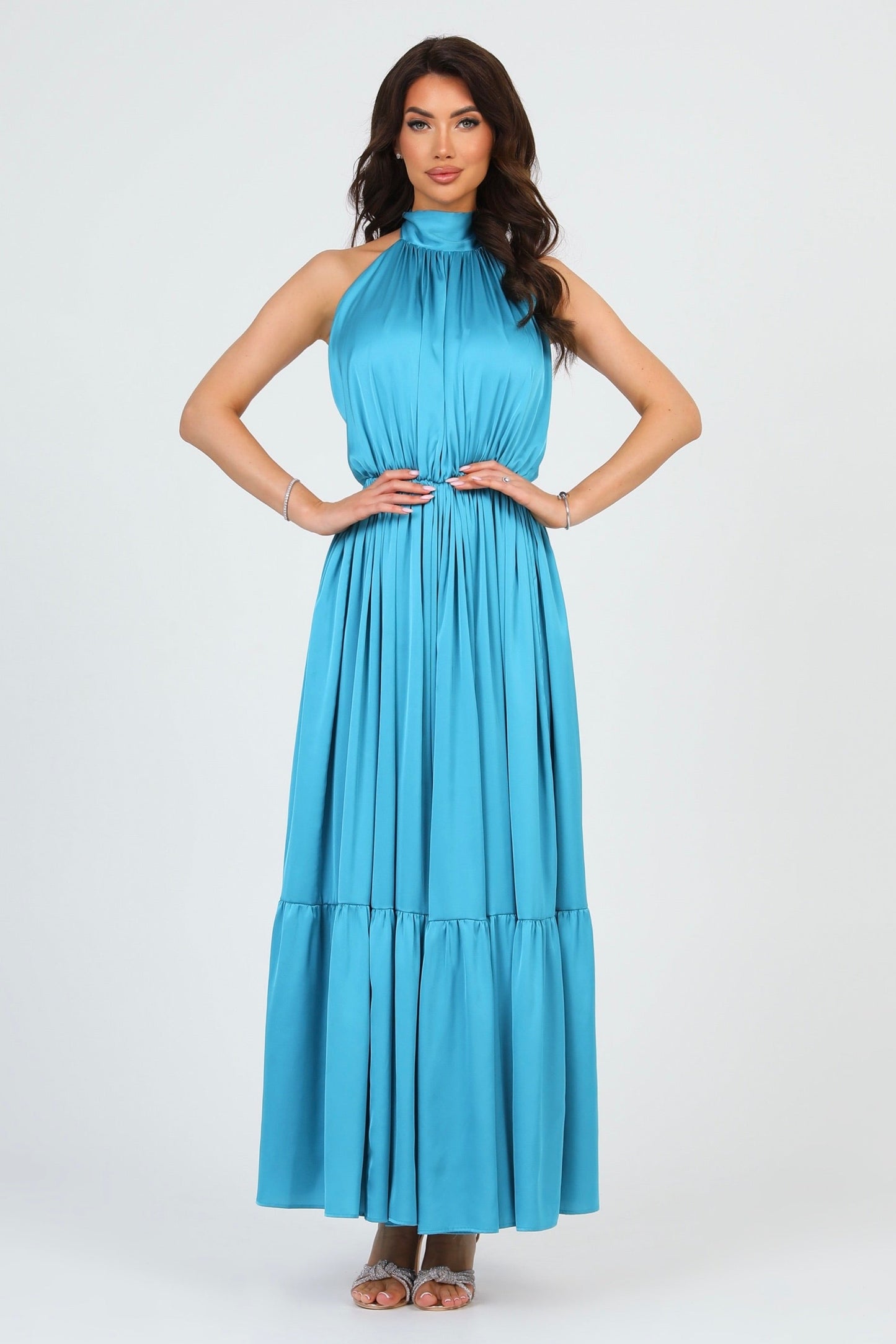 Turquoise Silk Satin Dress Halter Neckline