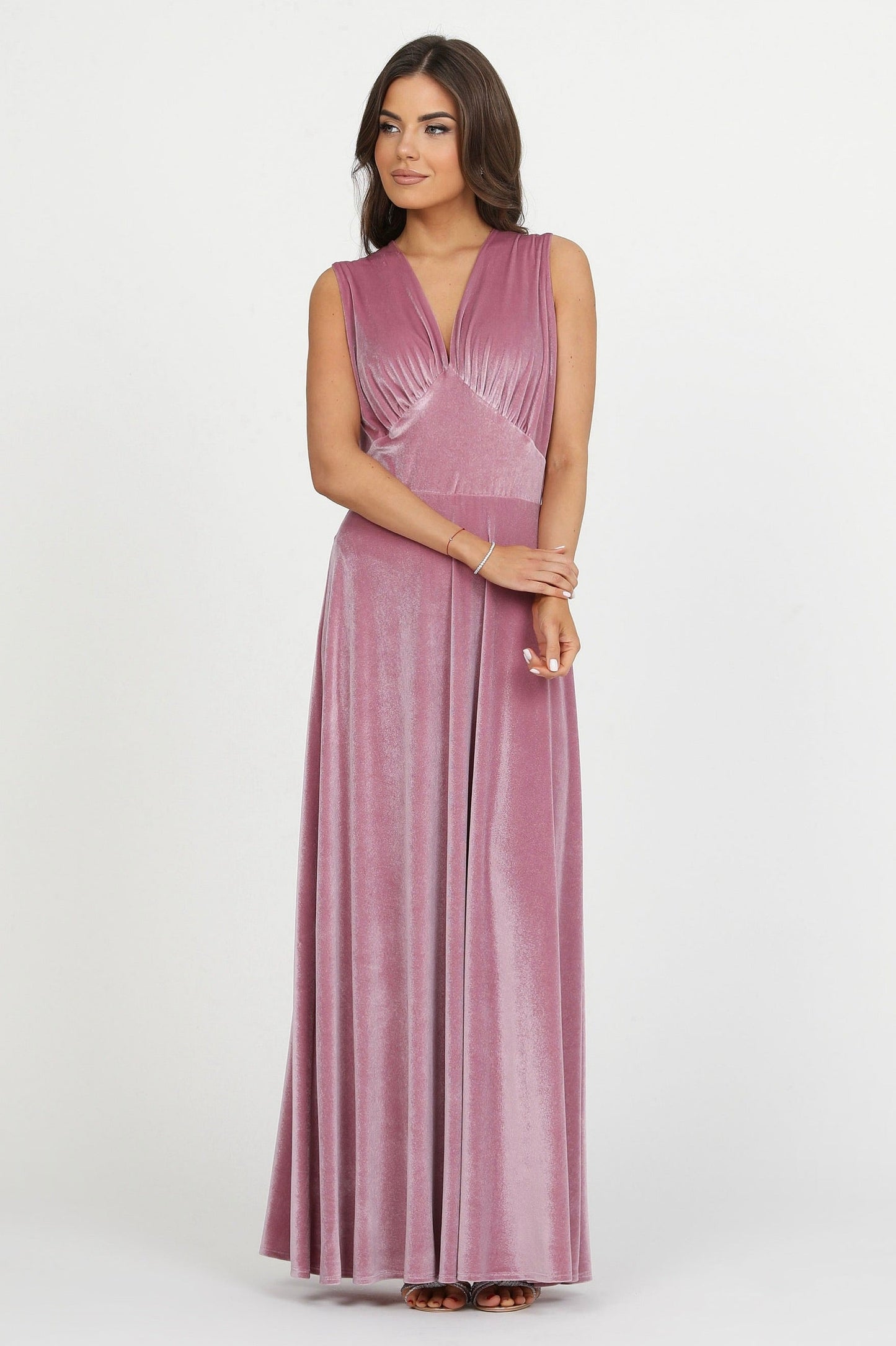 Pink Velvet Deep V Neckline Dress