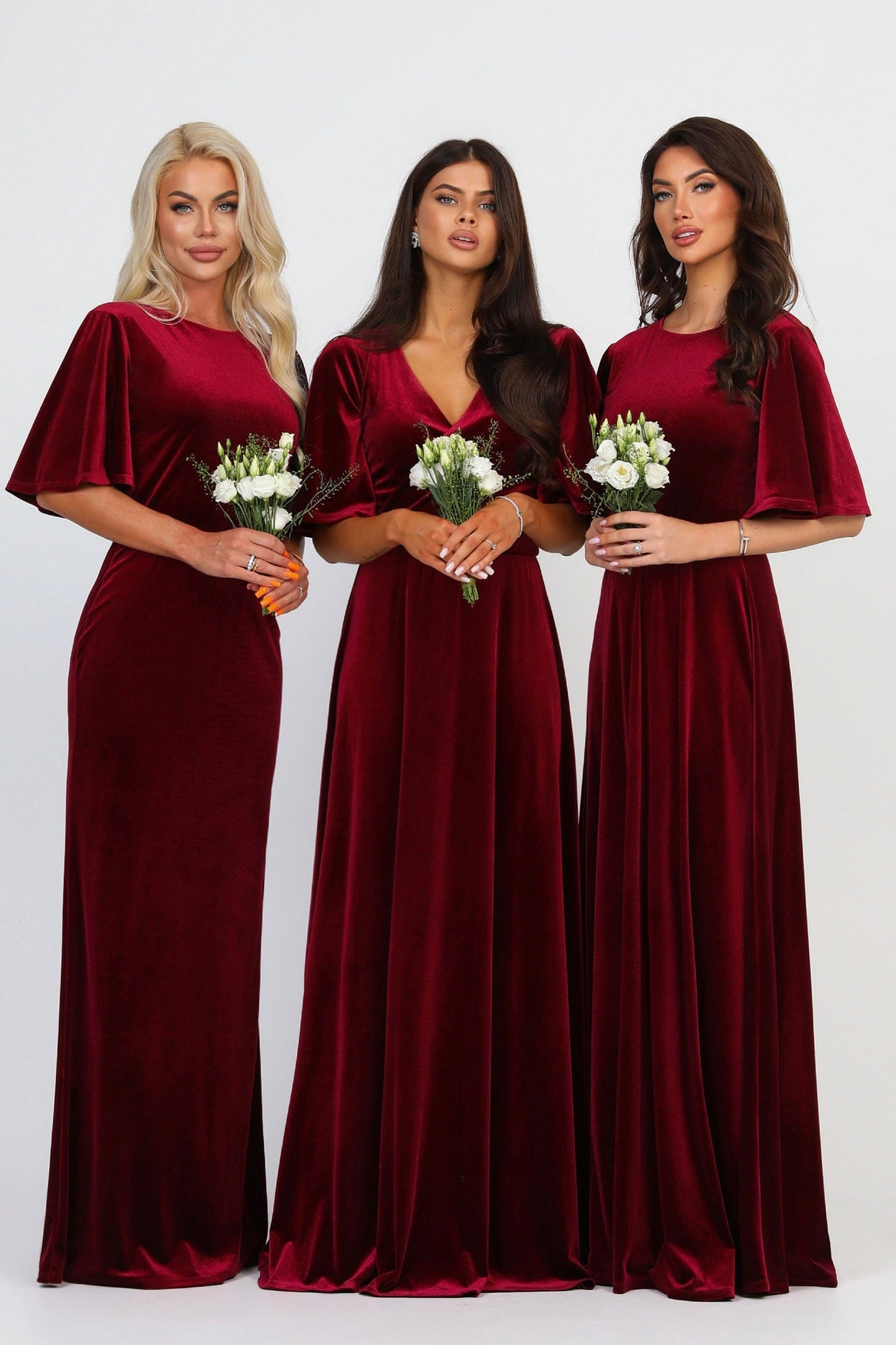 Burgundy Velvet Wrap V Neckline Dress Flutter Sleeves