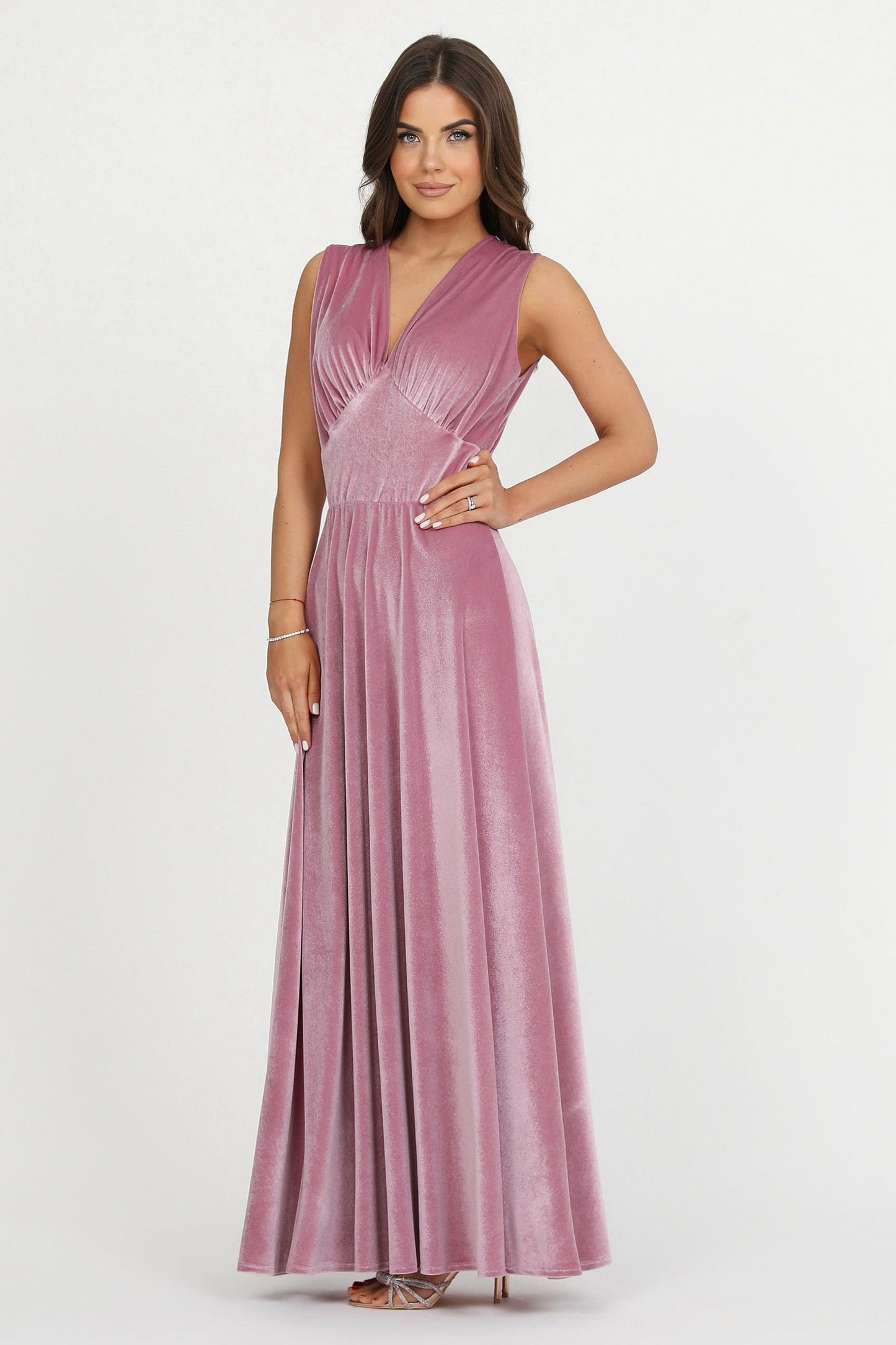 Pink Velvet Deep V Neckline Dress