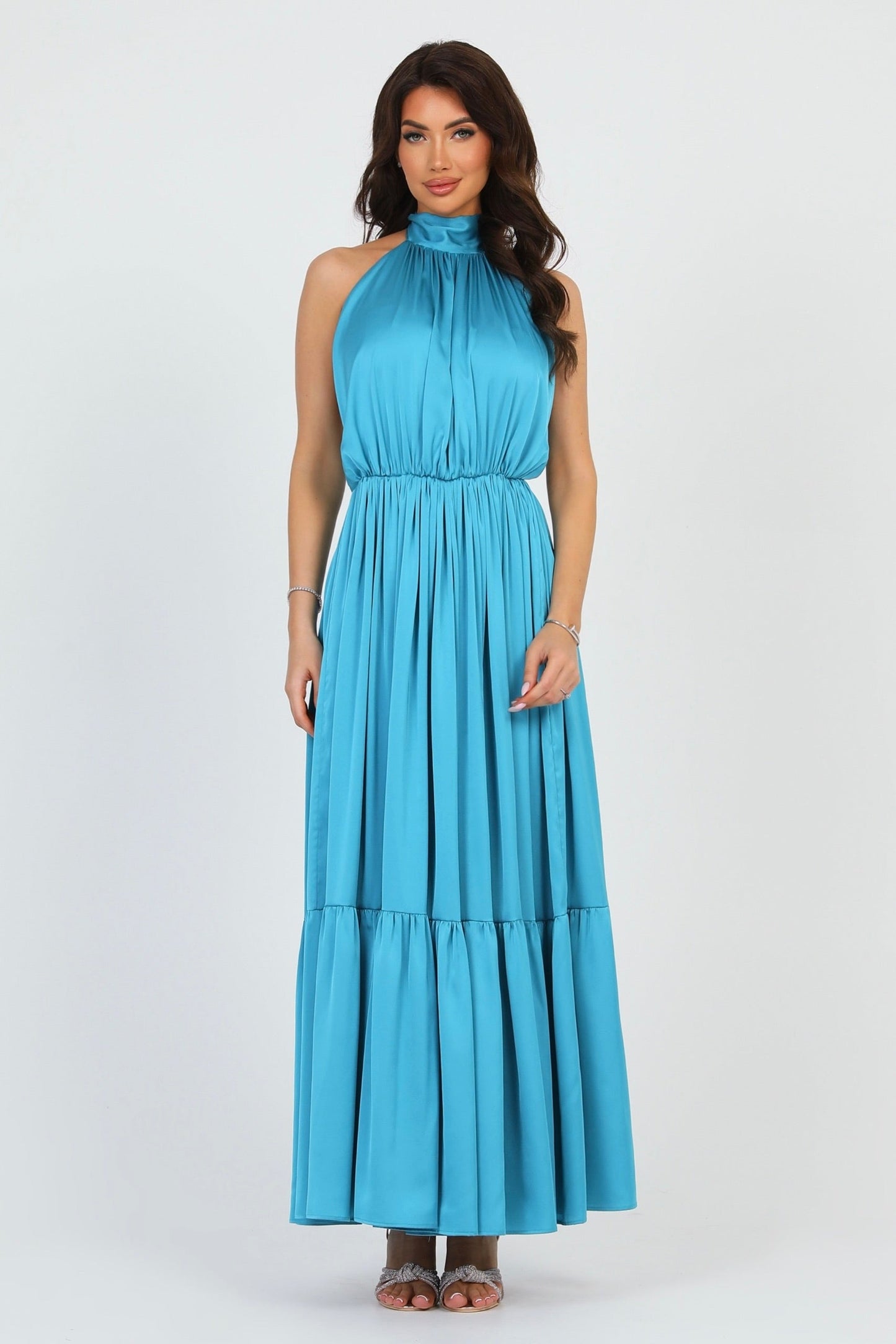 Turquoise Silk Satin Dress Halter Neckline