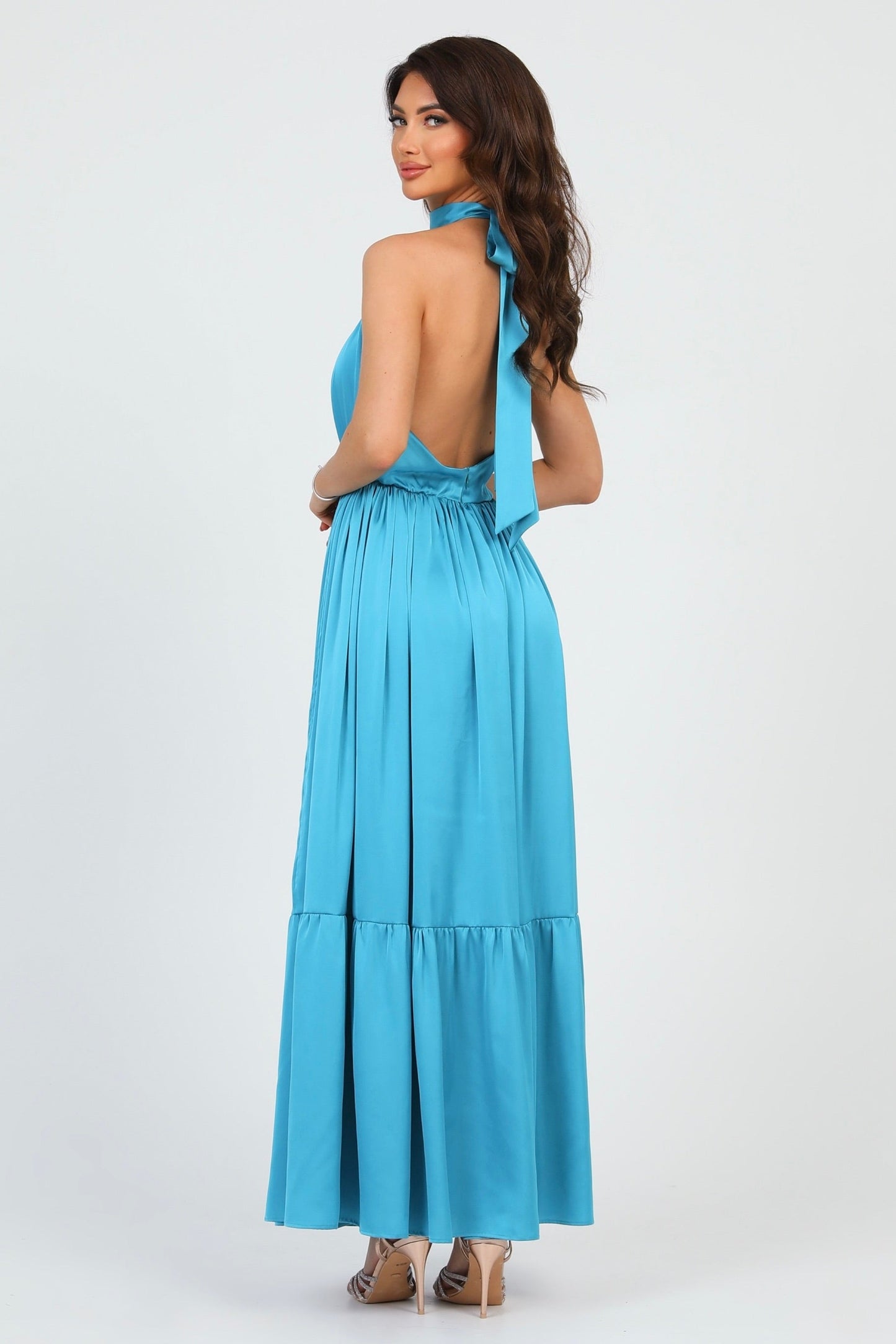 Turquoise Silk Satin Dress Halter Neckline