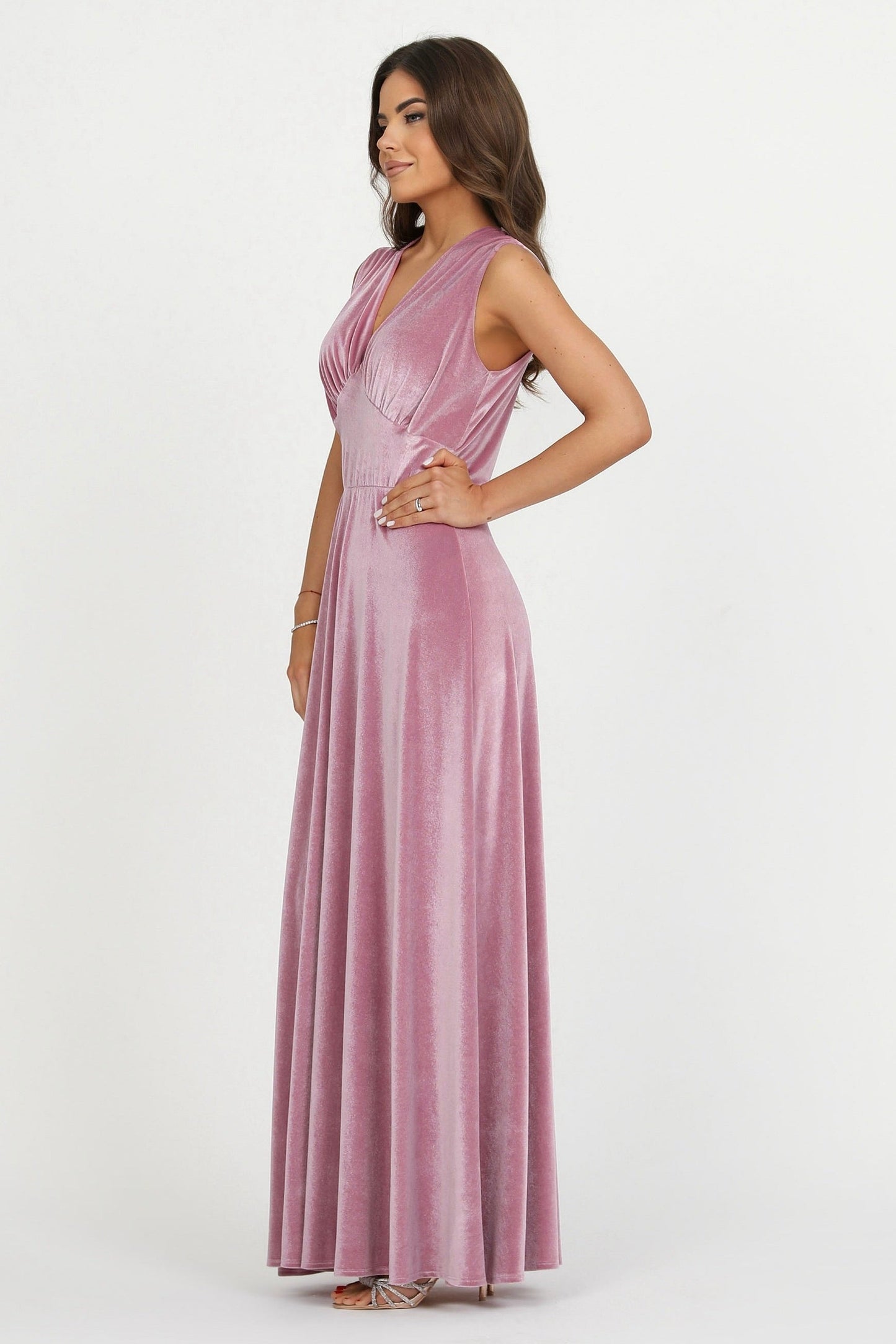 Pink Velvet Deep V Neckline Dress