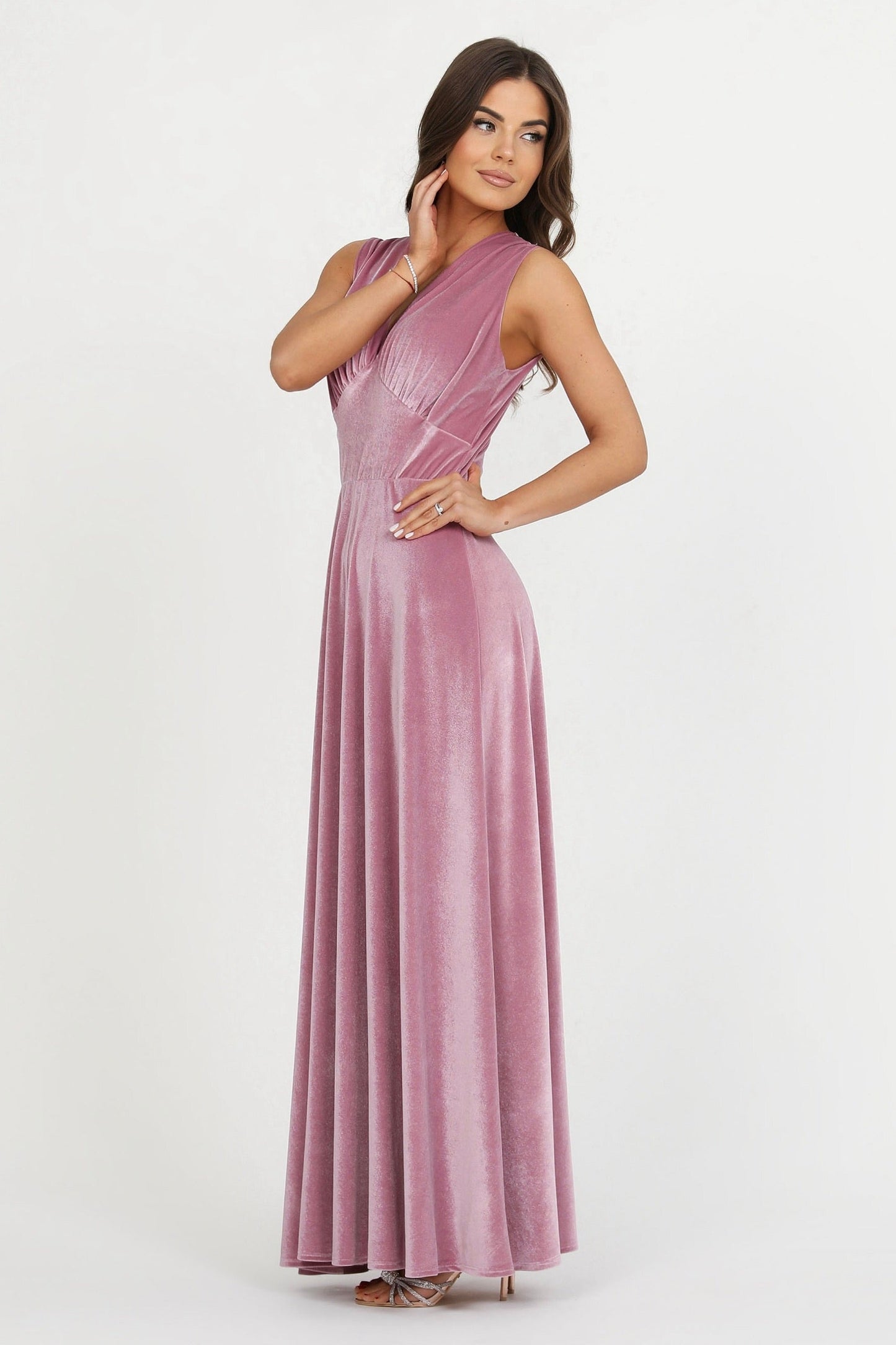 Pink Velvet Deep V Neckline Dress