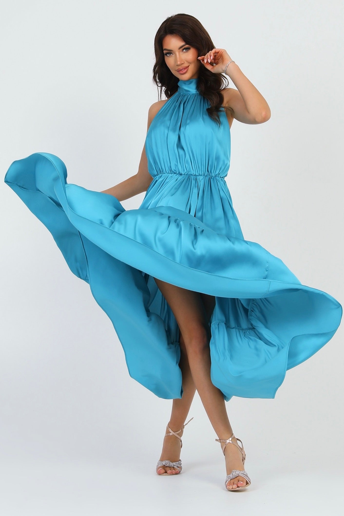 Turquoise Silk Satin Dress Halter Neckline