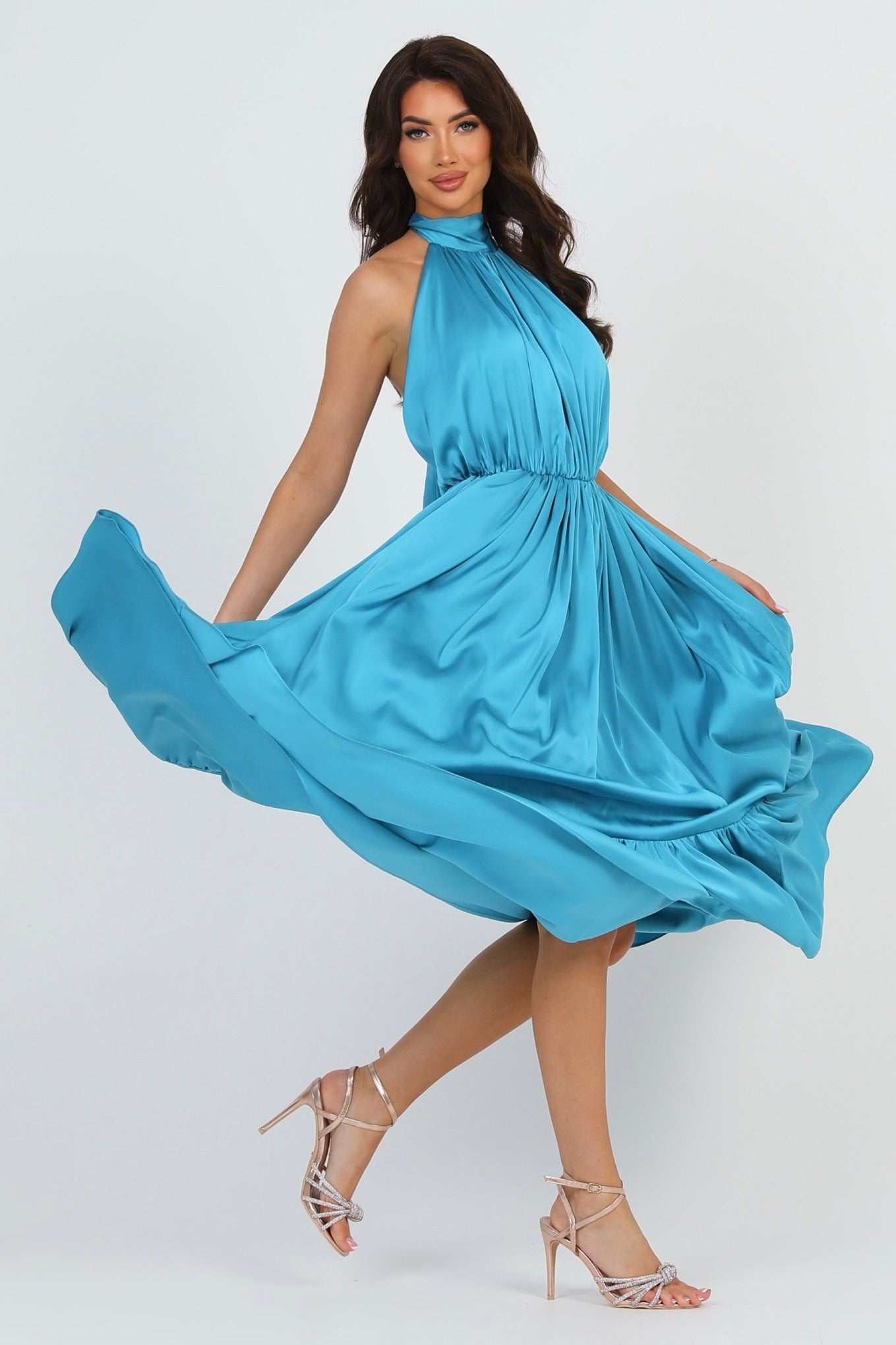 Turquoise Silk Satin Dress Halter Neckline