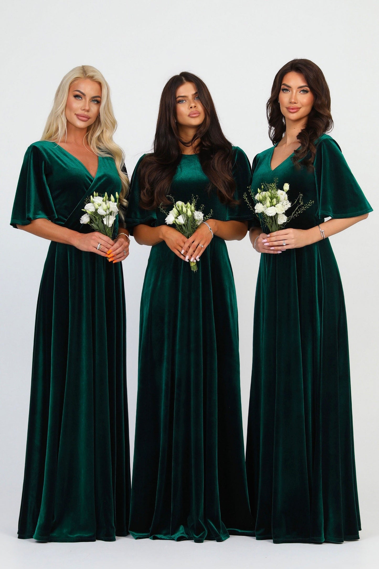 Dark Green Velvet Wrap V Neckline Dress Flutter Sleeves