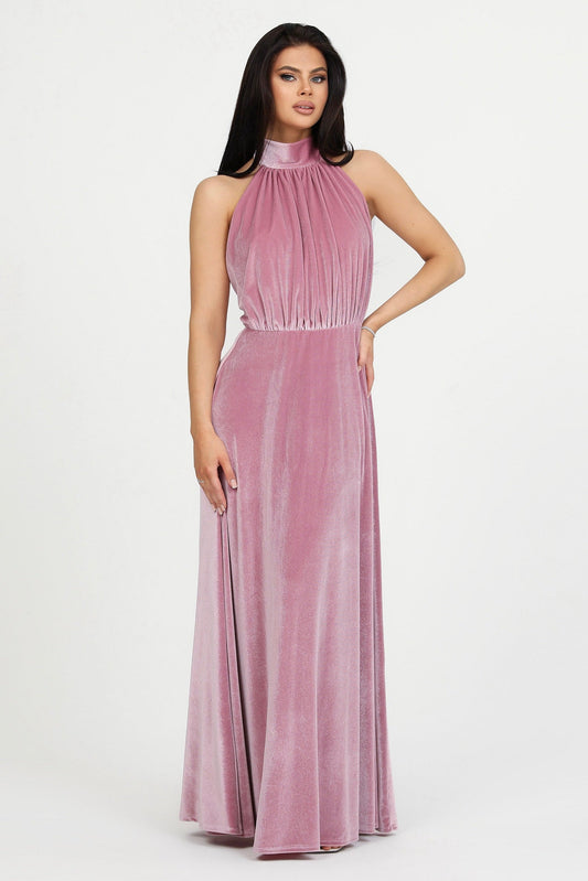 Pink Velvet Halter Neckline Velvet Dress