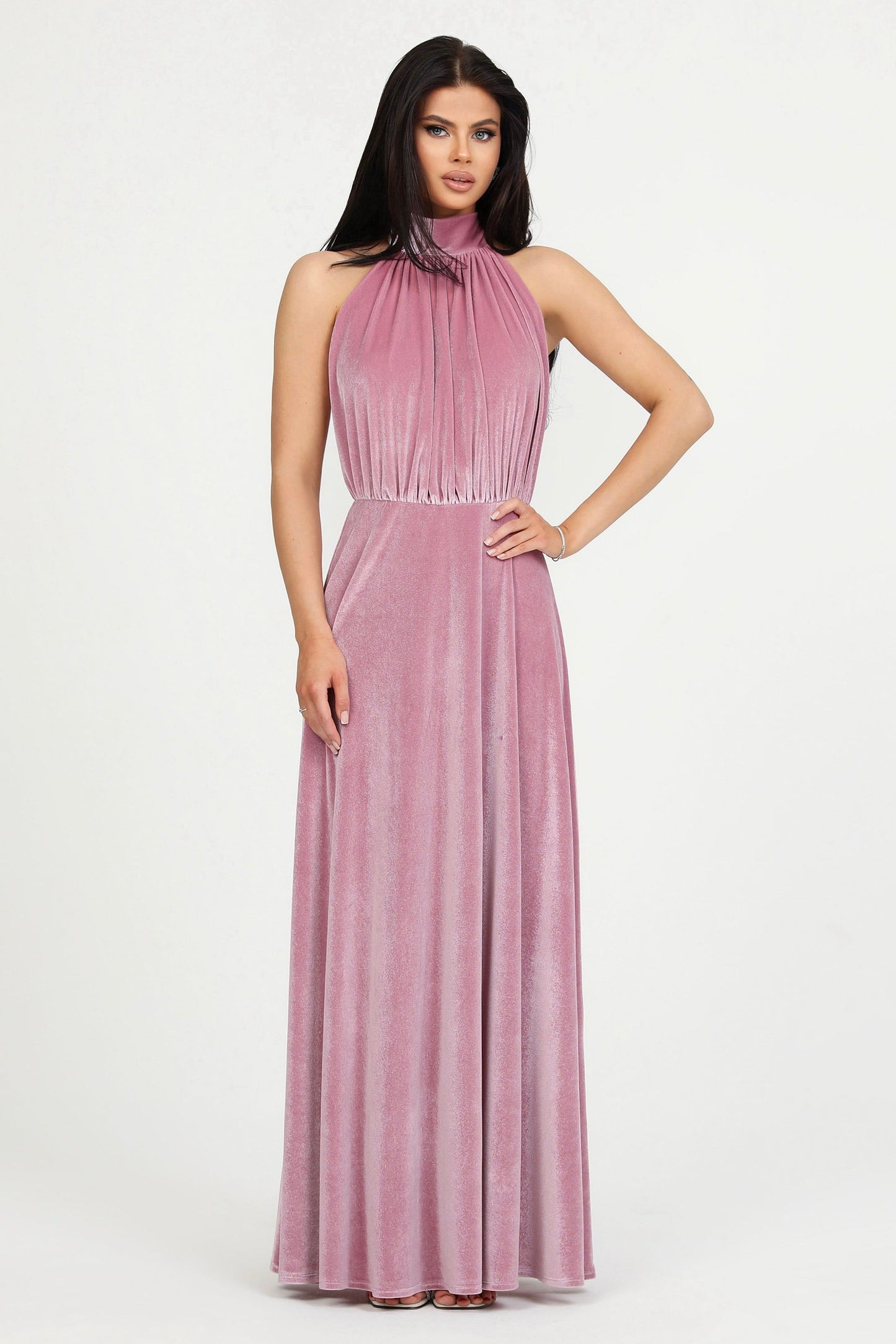 Pink Velvet Halter Neckline Velvet Dress