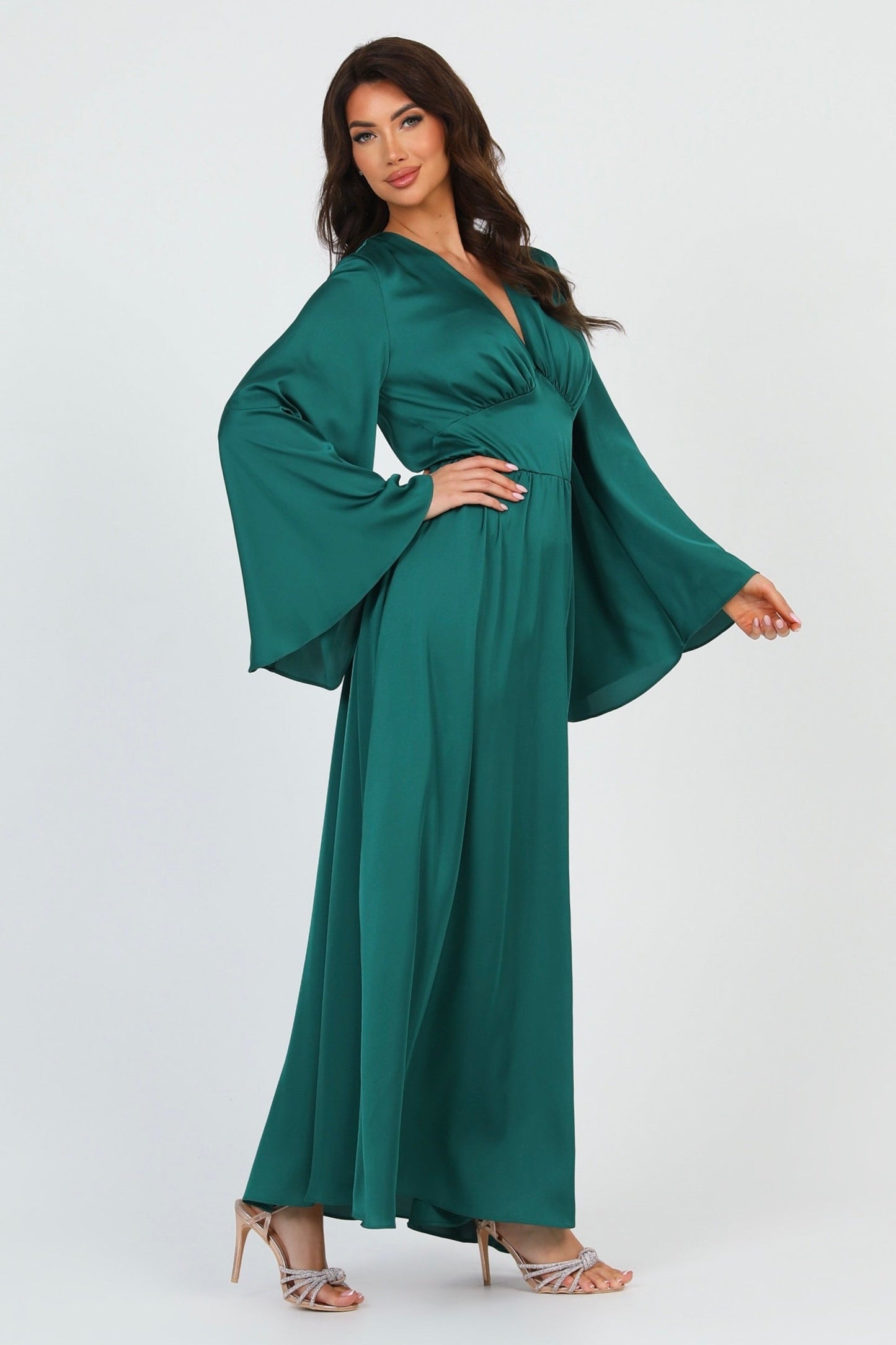 Emerald Green Silk Satin Dress V Neckline