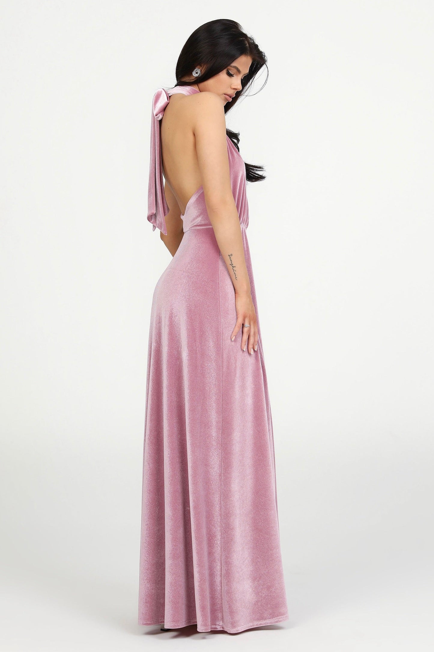 Pink Velvet Halter Neckline Velvet Dress