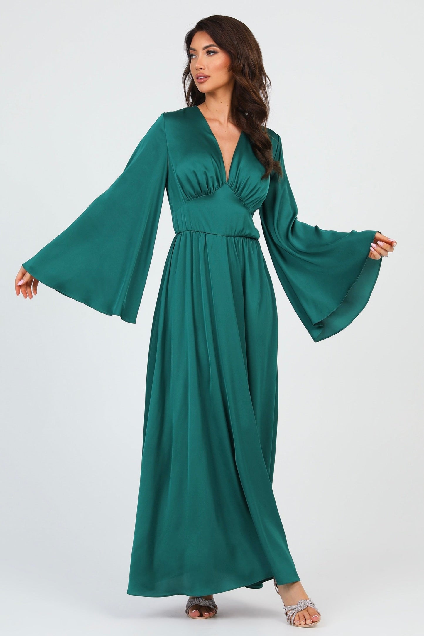 Emerald Green Silk Satin Dress V Neckline