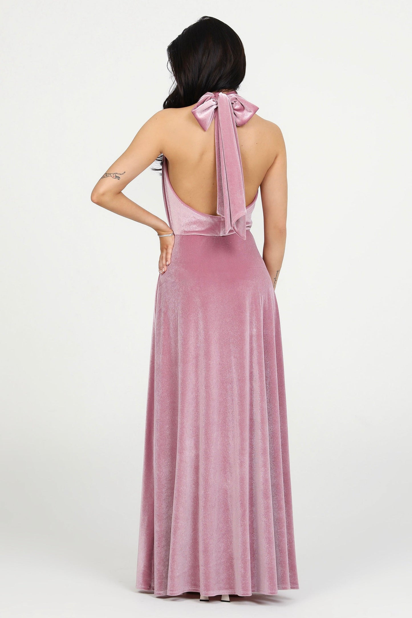 Pink Velvet Halter Neckline Velvet Dress