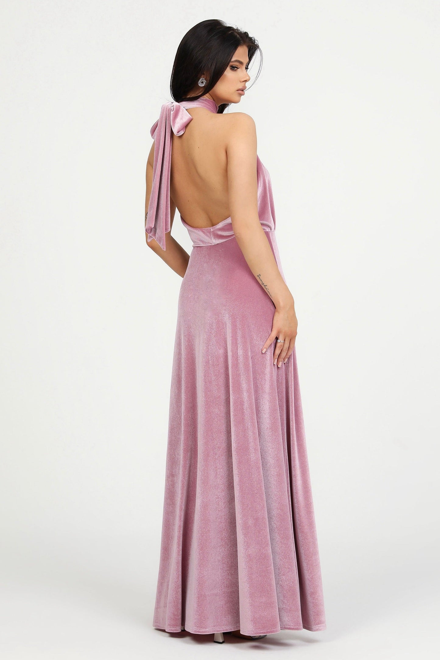 Pink Velvet Halter Neckline Velvet Dress