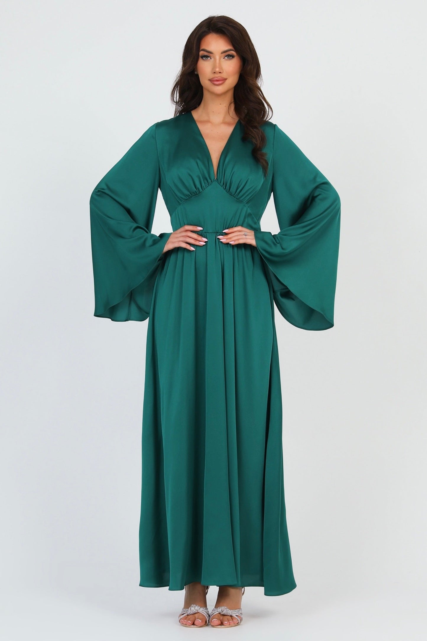 Emerald Green Silk Satin Dress V Neckline