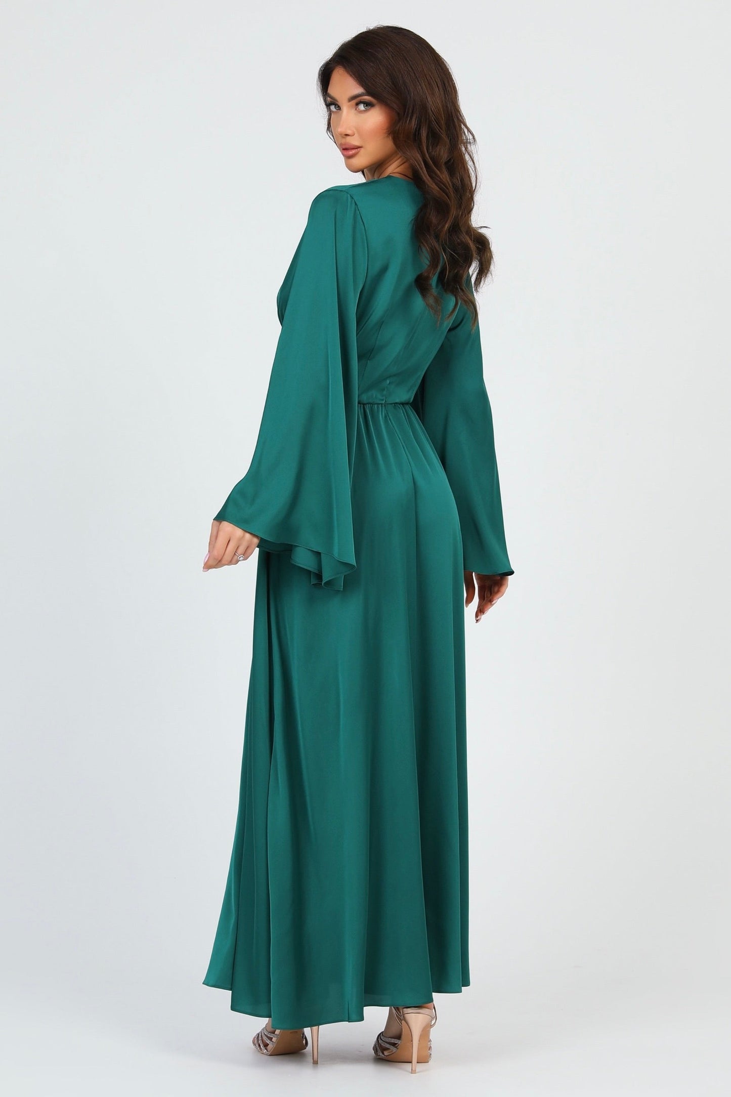 Emerald Green Silk Satin Dress V Neckline