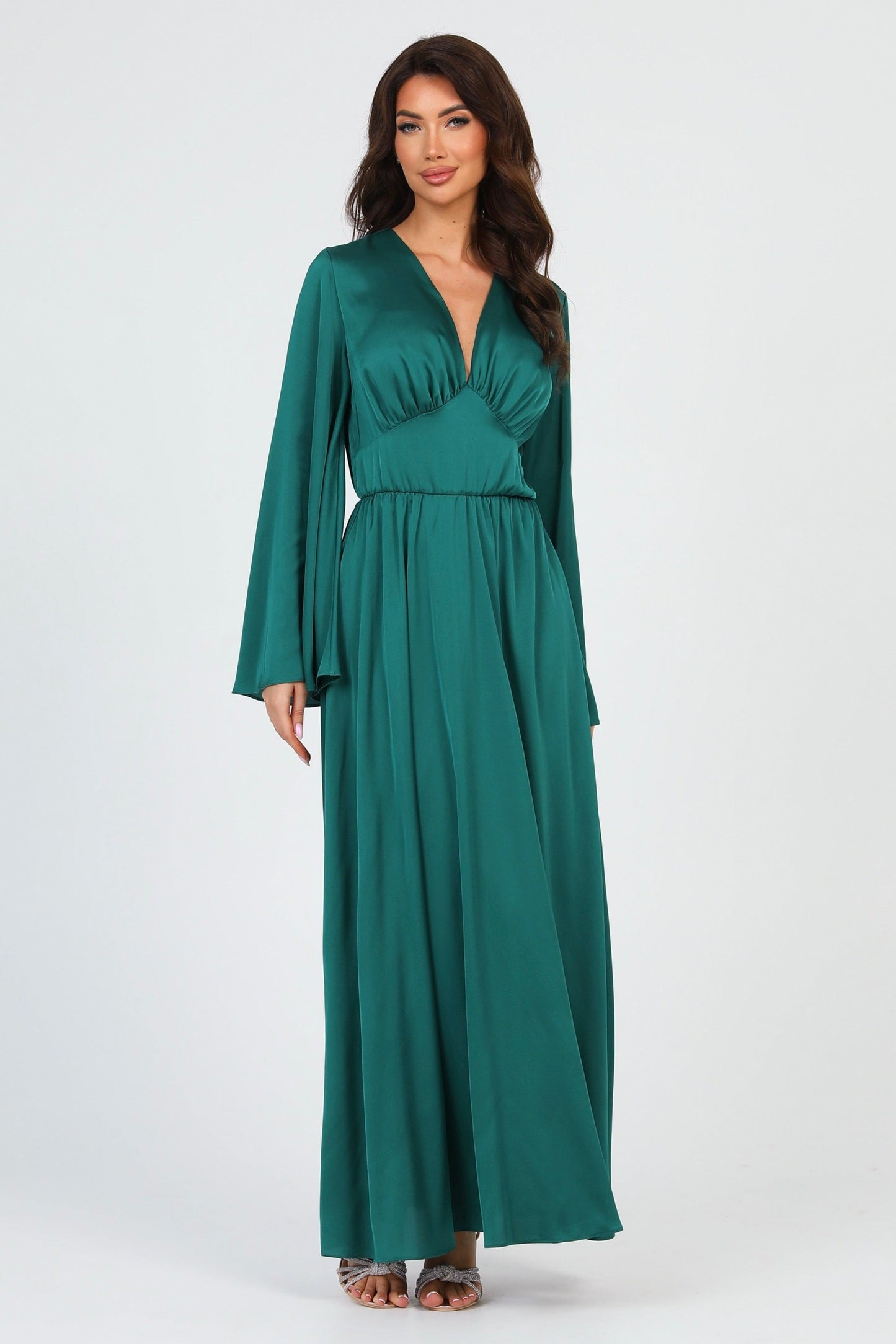 Emerald Green Silk Satin Dress V Neckline