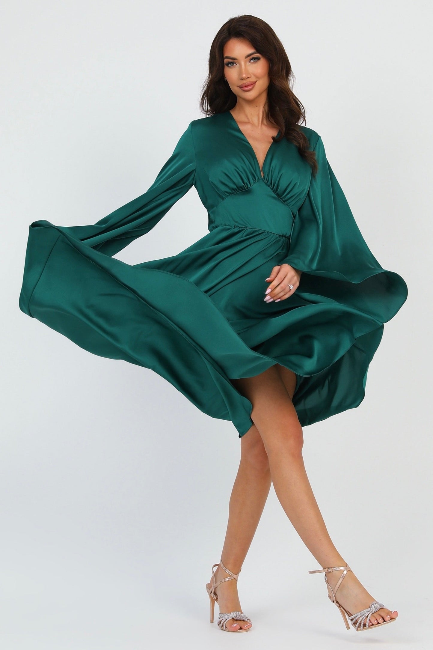 Emerald Green Silk Satin Dress V Neckline