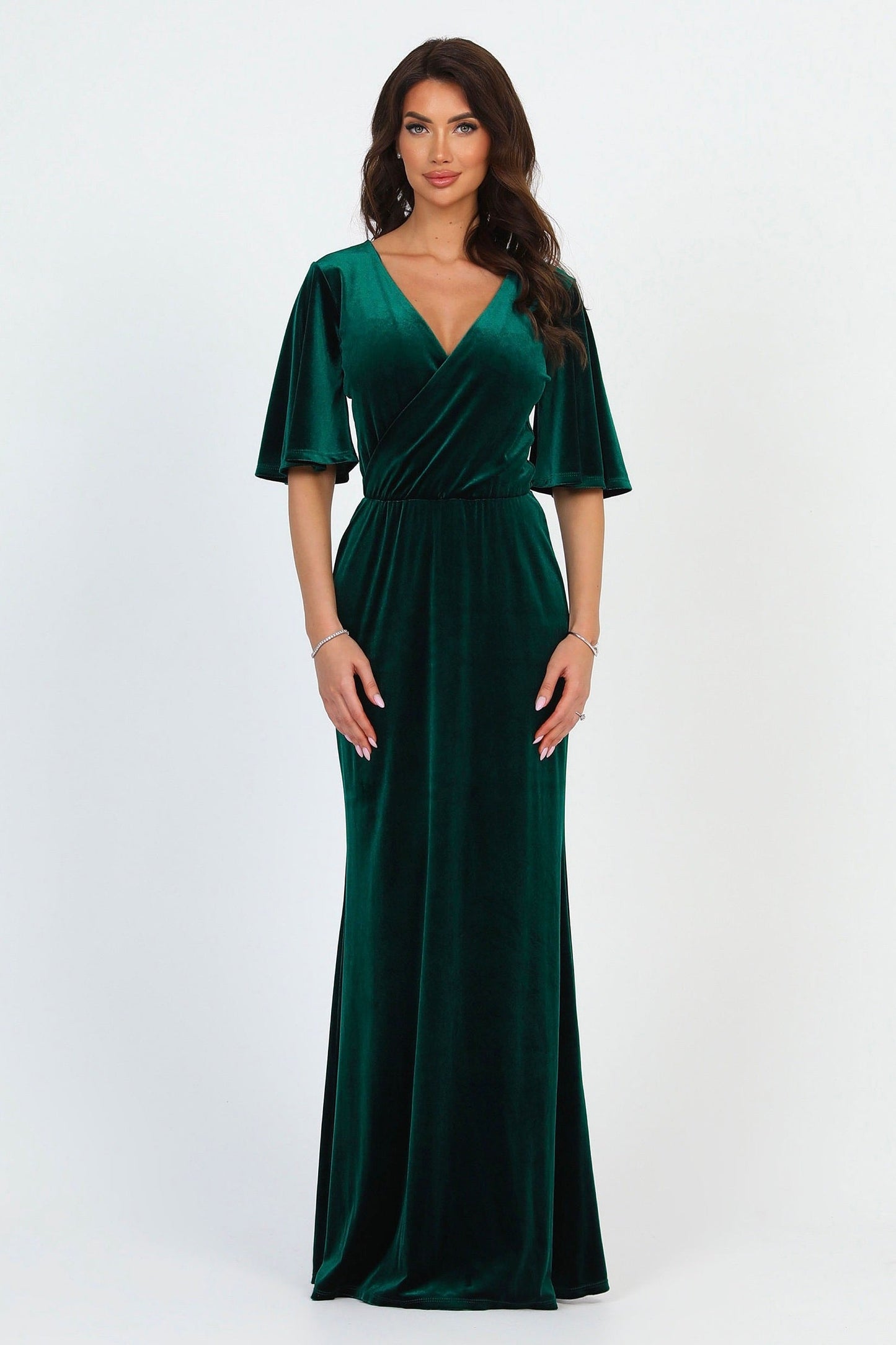 Dark Green Velvet Wrap V Neckline Dress Flutter Sleeves Pencil Skirt