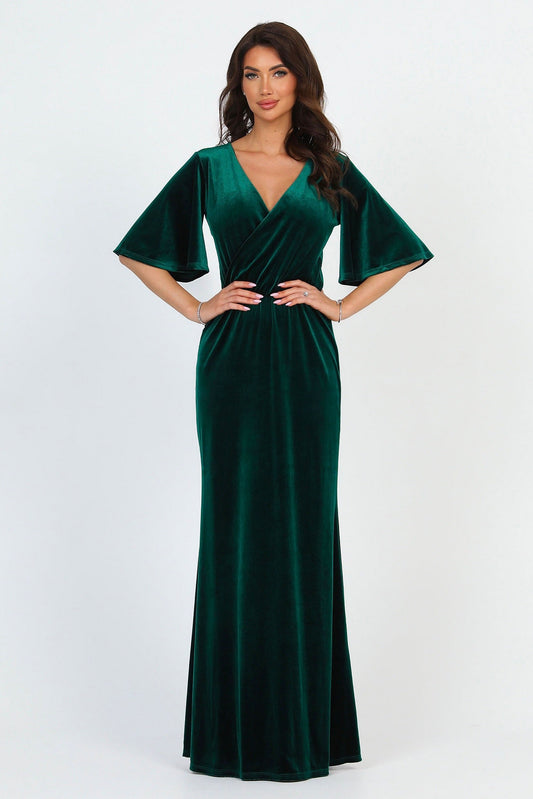 Dark Green Velvet Wrap V Neckline Dress Flutter Sleeves Pencil Skirt