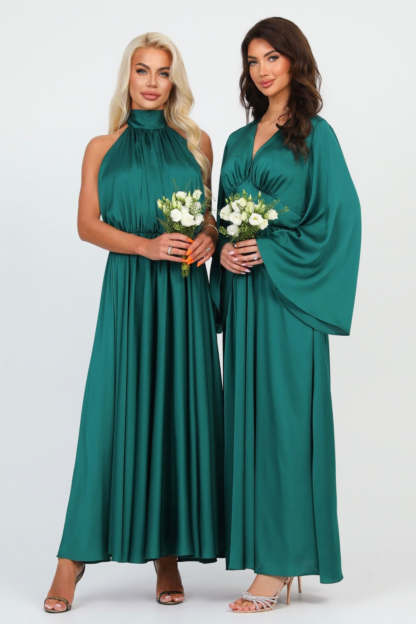 Emerald Green Silk Satin Dress Halter Neckline