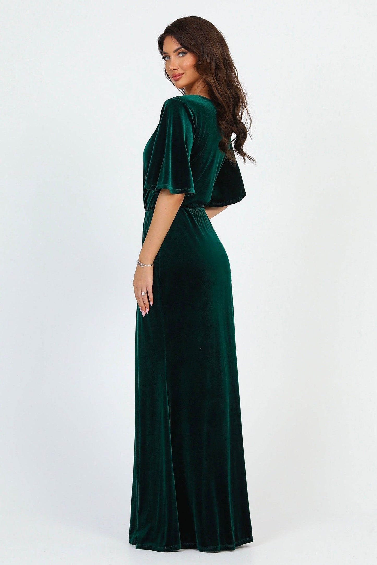 Dark Green Velvet Wrap V Neckline Dress Flutter Sleeves Pencil Skirt