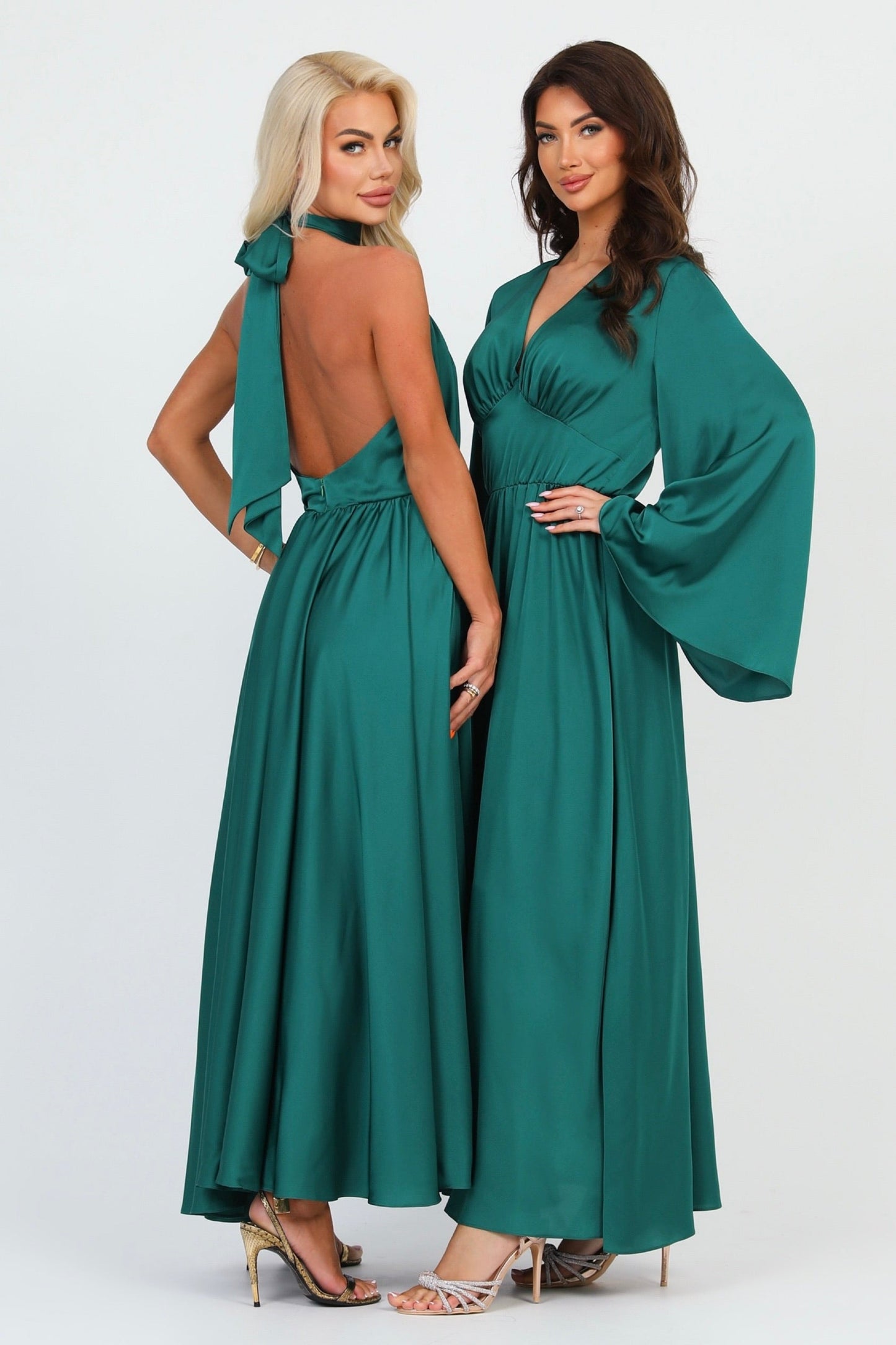 Emerald Green Silk Satin Dress V Neckline