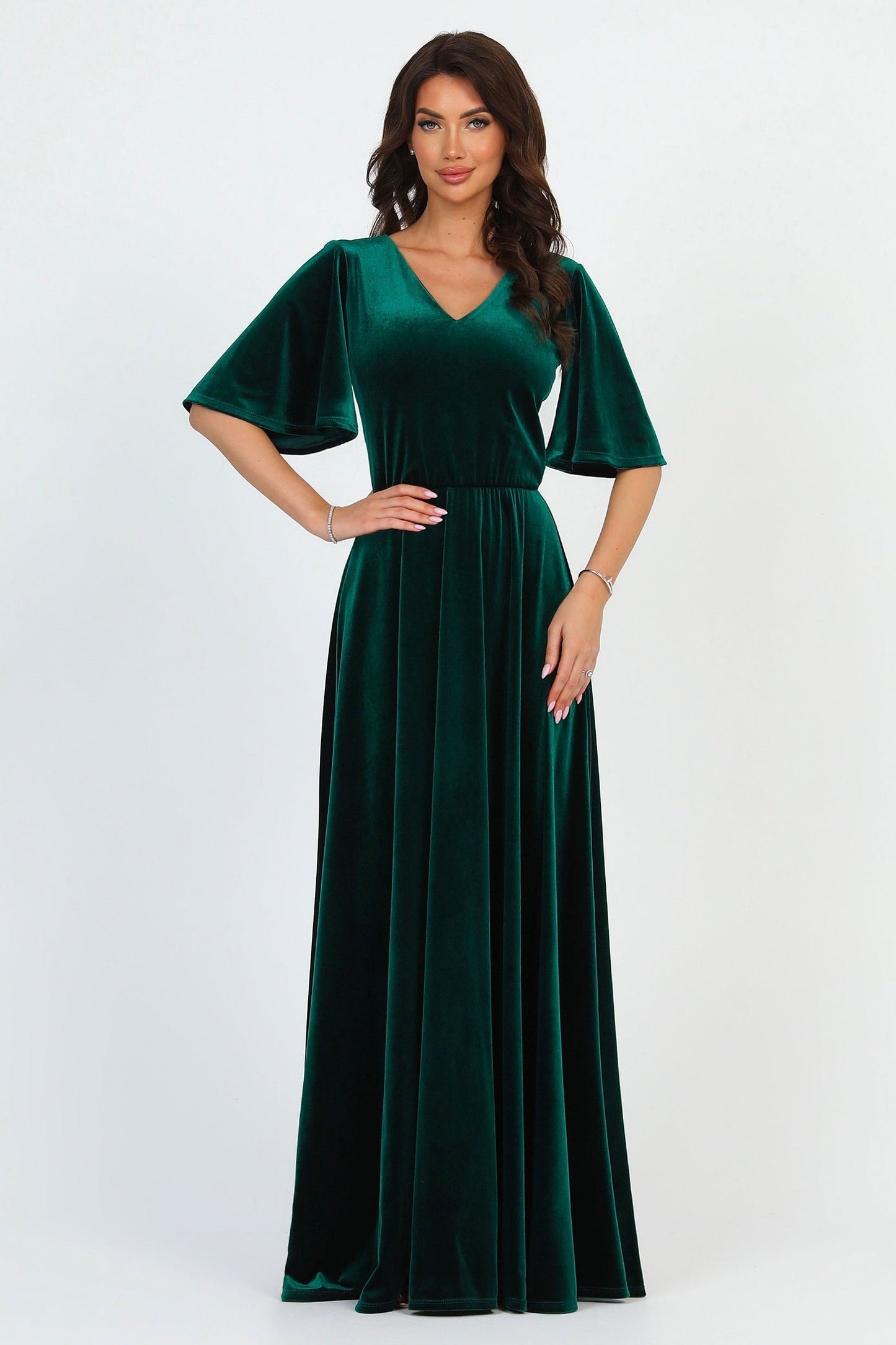 Dark Green Velvet Regular V Neckline Dress Flutter Sleeves