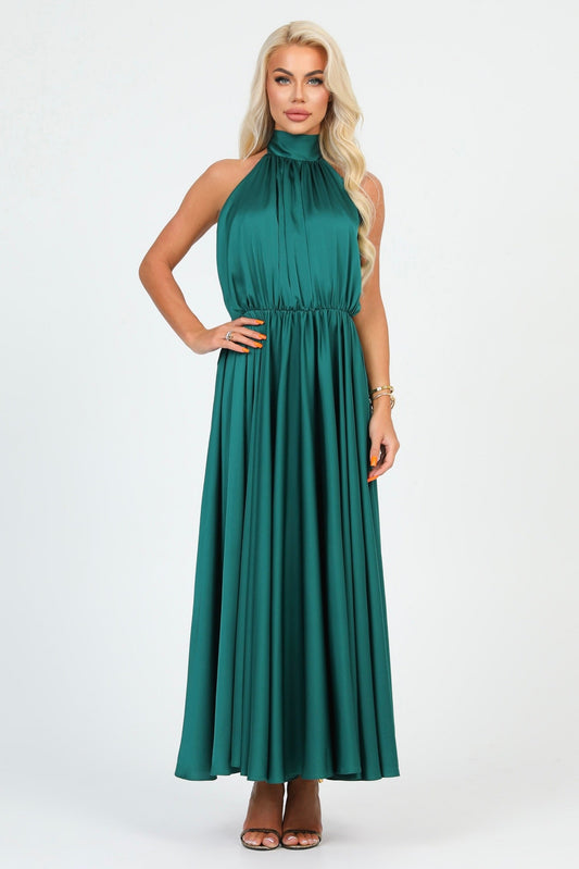 Emerald Green Silk Satin Dress Halter Neckline