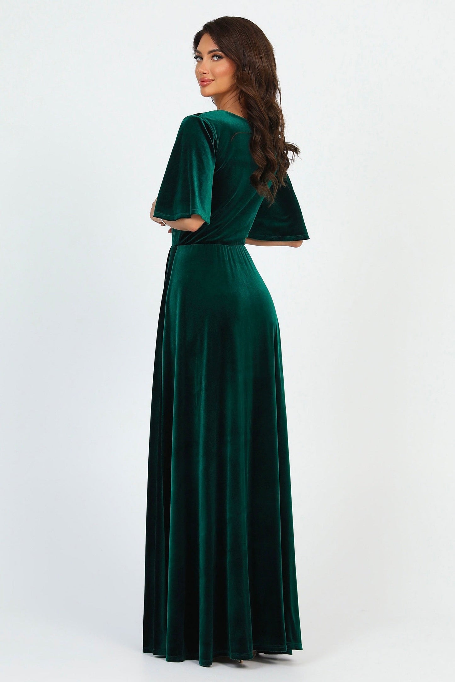 Dark Green Velvet Regular V Neckline Dress Flutter Sleeves