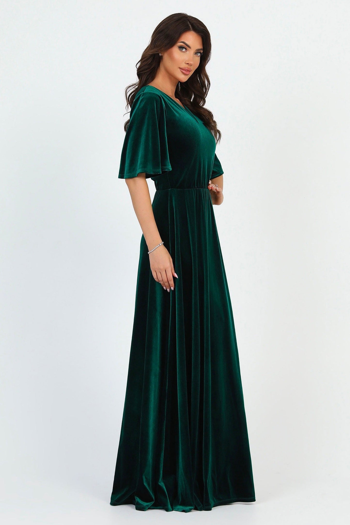 Dark Green Velvet Regular V Neckline Dress Flutter Sleeves