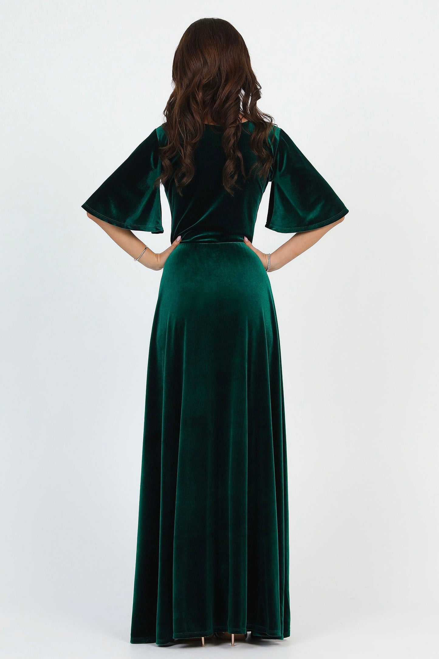 Dark Green Velvet Regular V Neckline Dress Flutter Sleeves