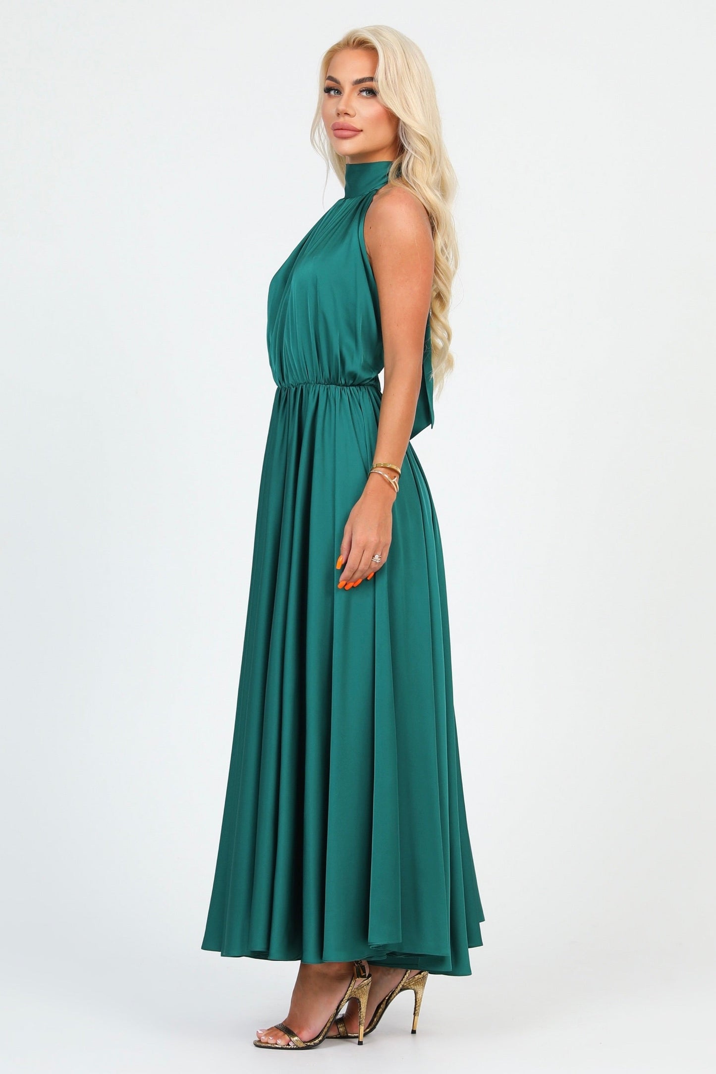 Emerald Green Silk Satin Dress Halter Neckline