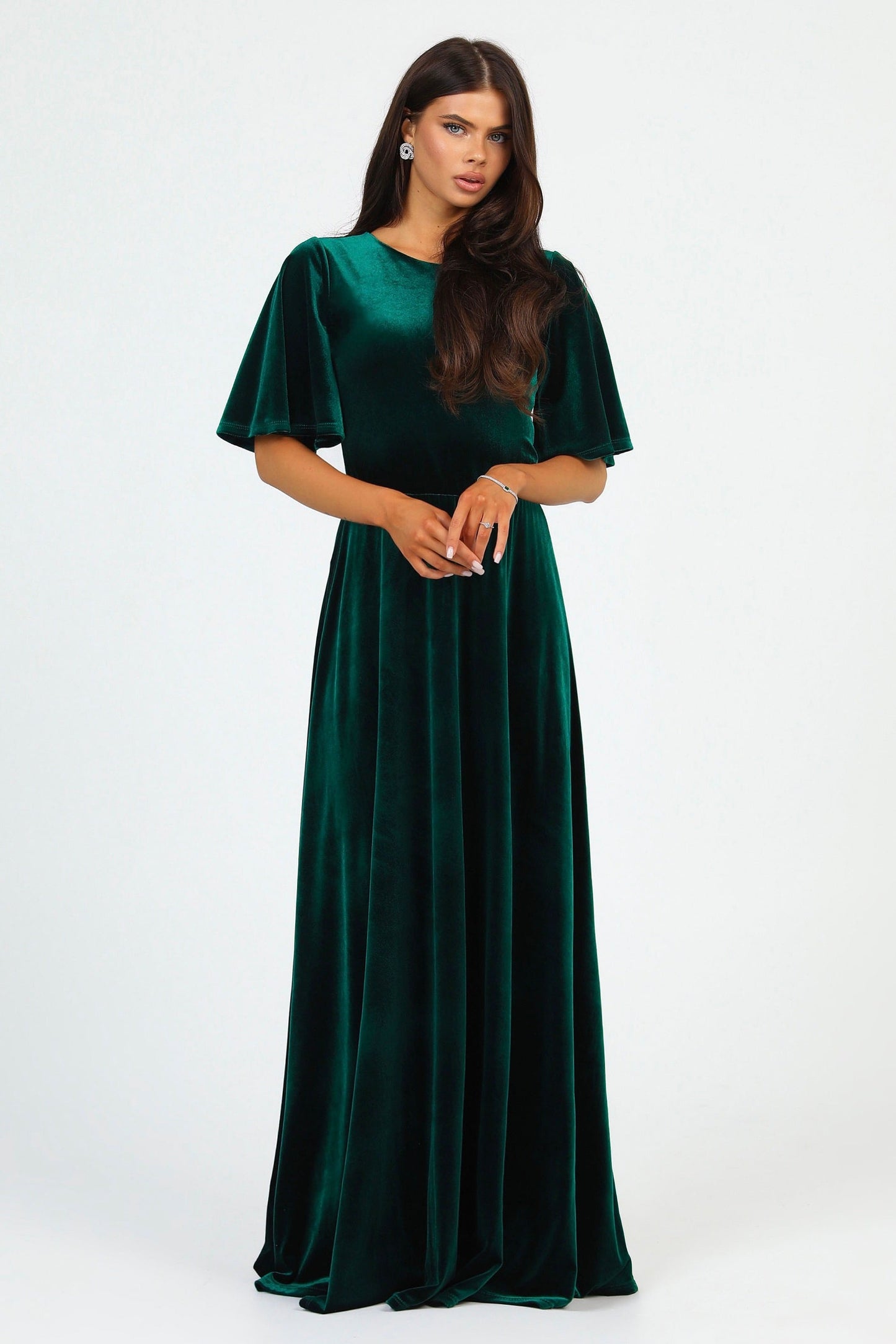 Dark Green Velvet Round Neckline Dress Flutter Sleeves