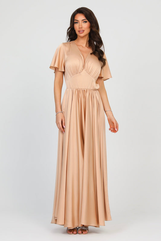 Beige Sand Silk Satin Dress V Neckline Flutter Sleeves