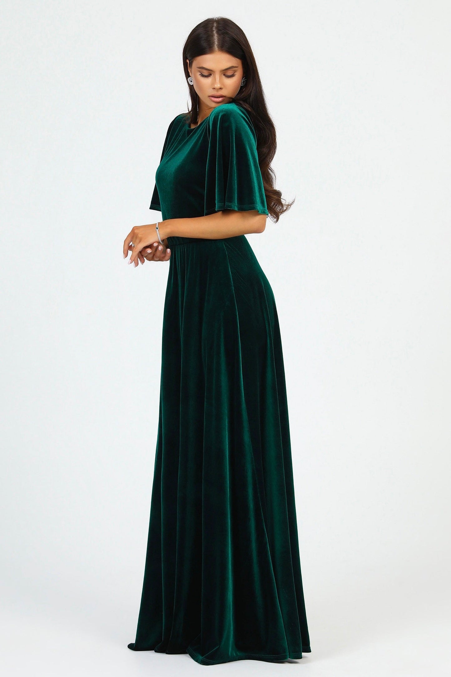 Dark Green Velvet Round Neckline Dress Flutter Sleeves