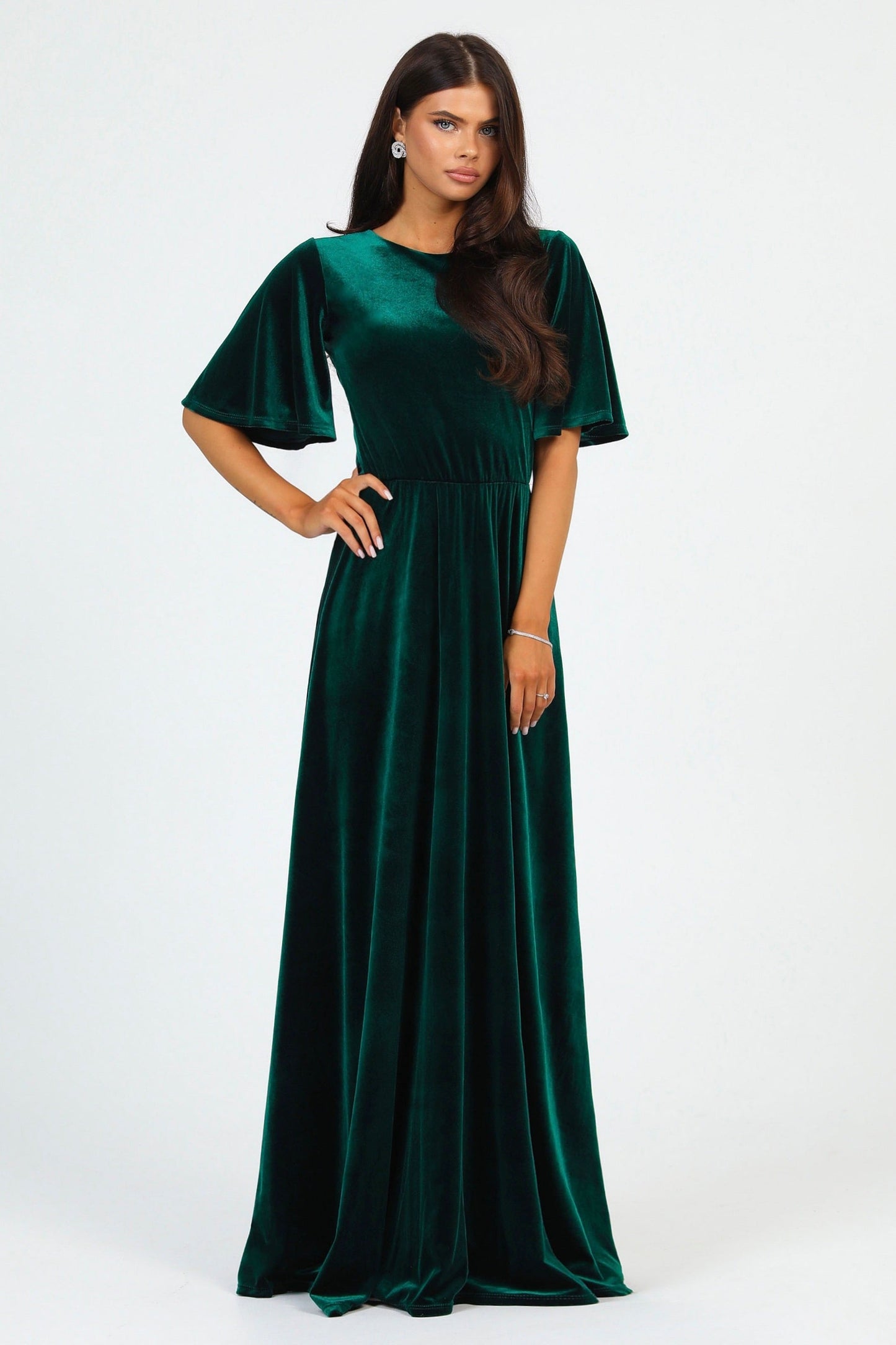 Dark Green Velvet Round Neckline Dress Flutter Sleeves