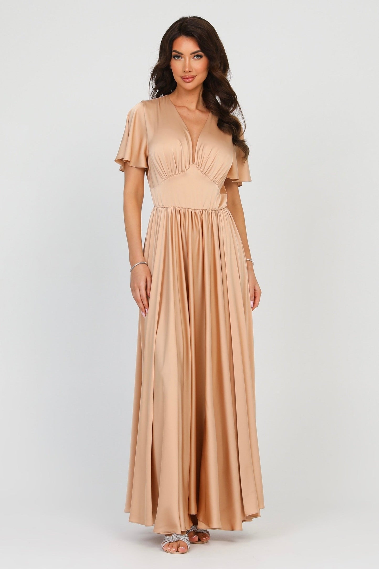 Beige Sand Silk Satin Dress V Neckline Flutter Sleeves